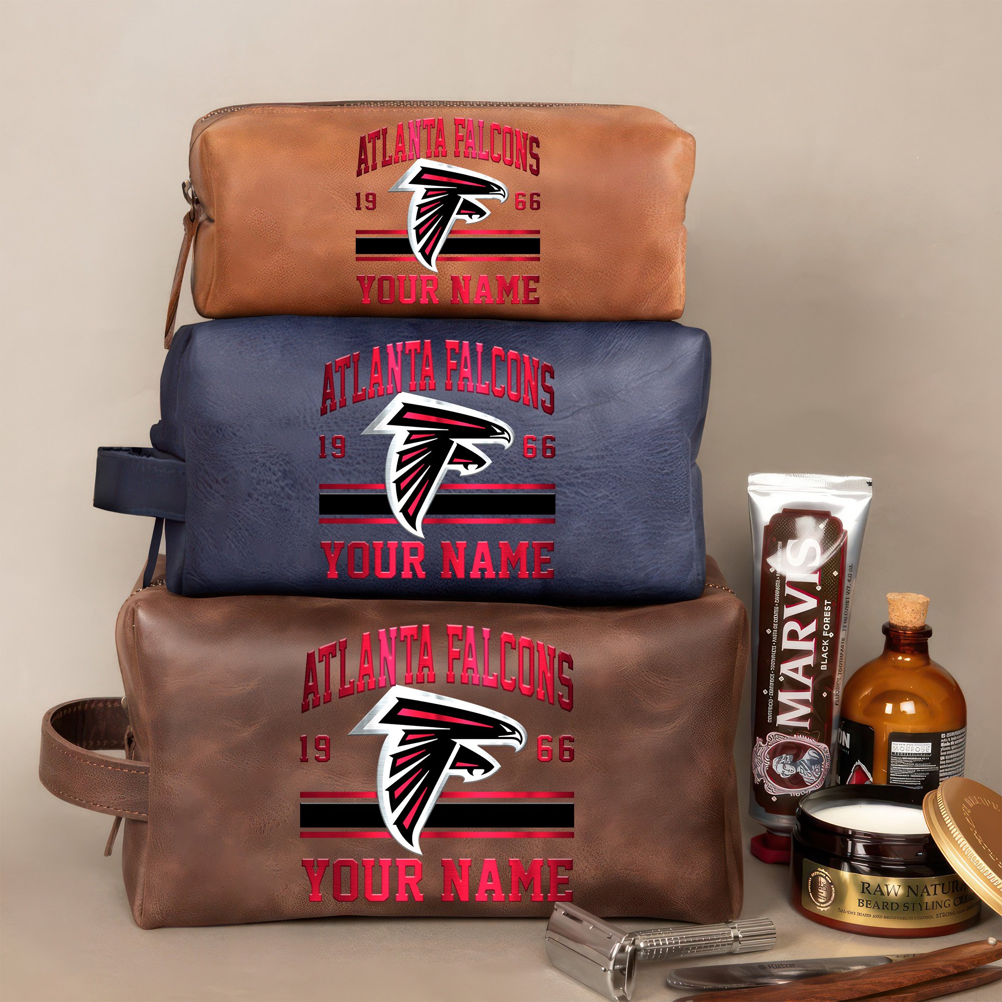 Atlanta Falcons Leather Toiletry Bag For Men Custom Your Name, 2D In Leather Dopp Kit Bag, Football Fan Gifts, Gift For Dad EHIVM-59099