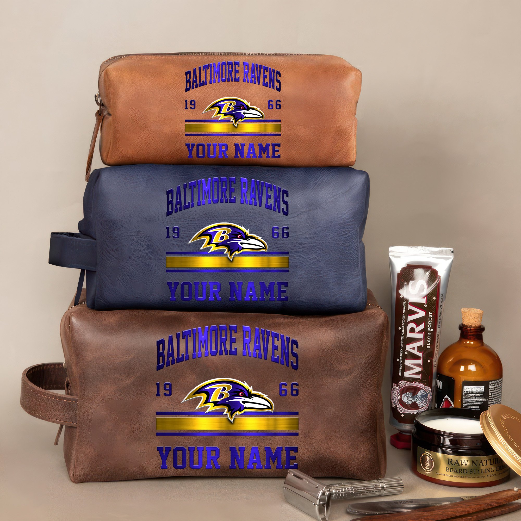 Baltimore Ravens Leather Toiletry Bag For Men Custom Your Name, 2D In Leather Dopp Kit Bag, Football Fan Gifts, Gift For Dad EHIVM-59099