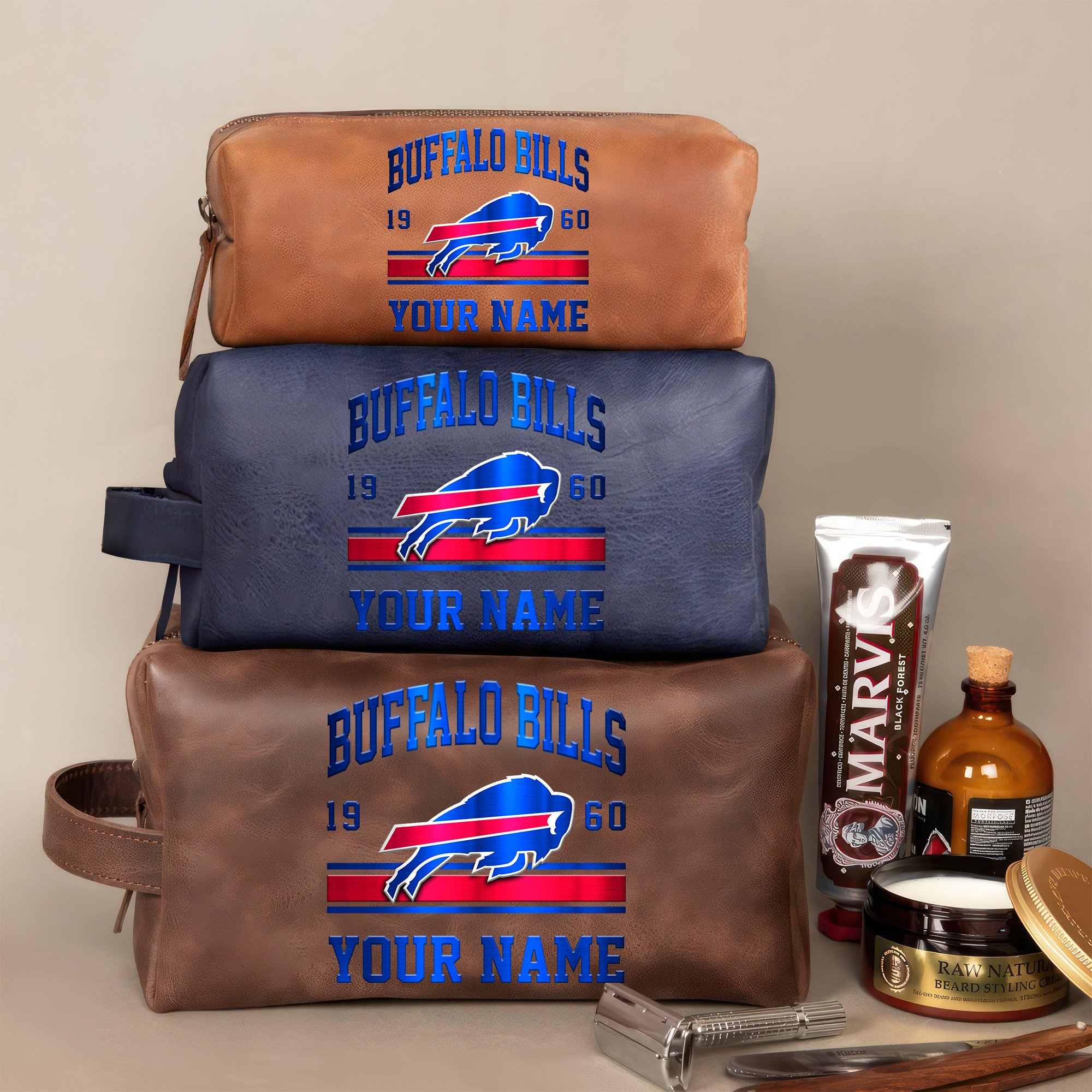 Buffalo Bills Leather Toiletry Bag For Men Custom Your Name, 2D In Leather Dopp Kit Bag, Football Fan Gifts, Gift For Dad EHIVM-59099