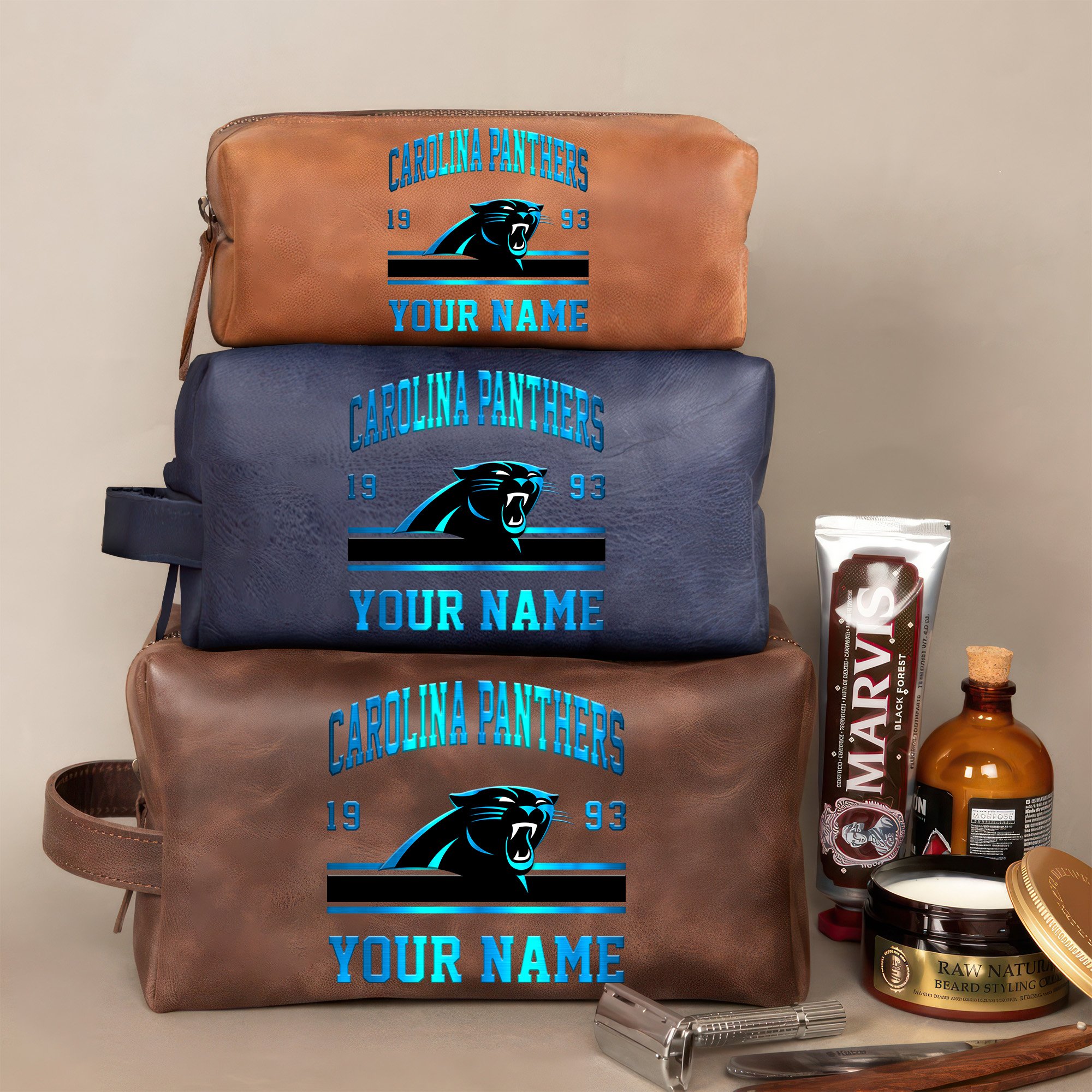 Carolina Panthers Leather Toiletry Bag For Men Custom Your Name, 2D In Leather Dopp Kit Bag, Football Fan Gifts, Gift For Dad EHIVM-59099