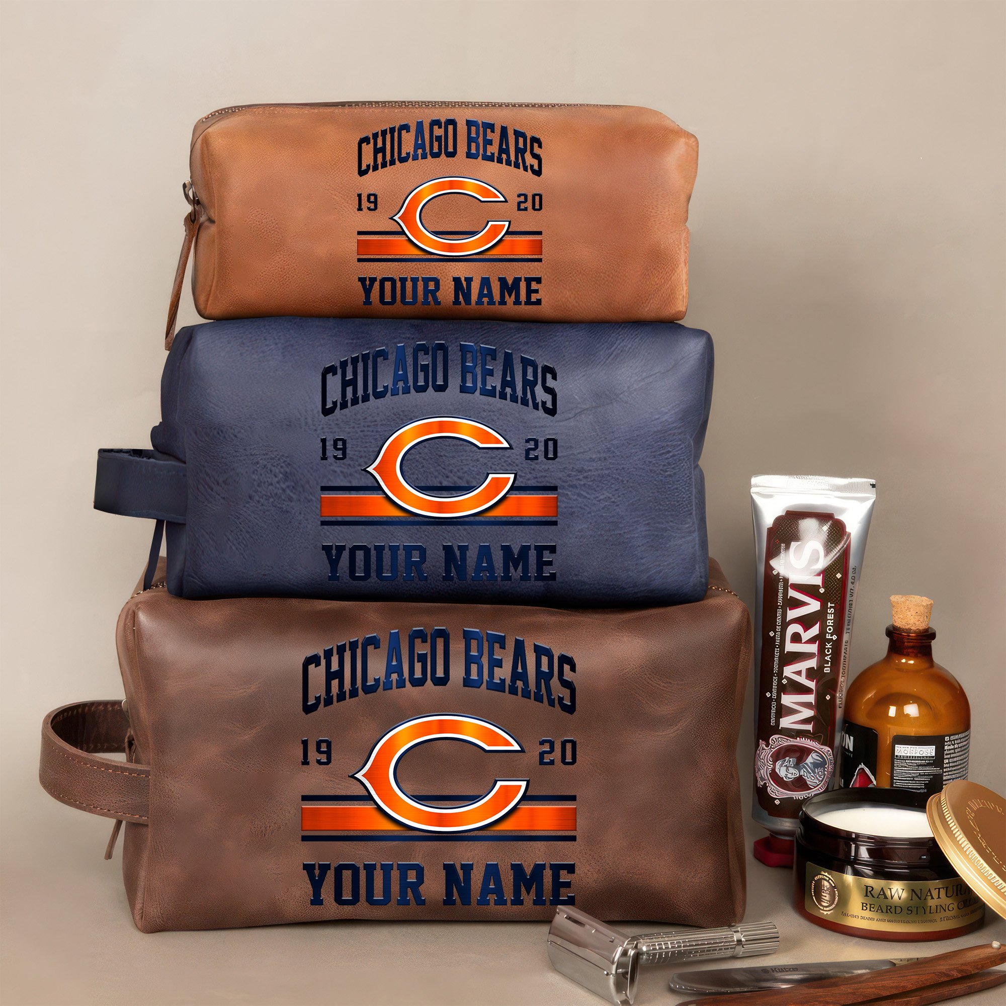 Chicago Bears Leather Toiletry Bag For Men Custom Your Name, 2D In Leather Dopp Kit Bag, Football Fan Gifts, Gift For Dad EHIVM-59099