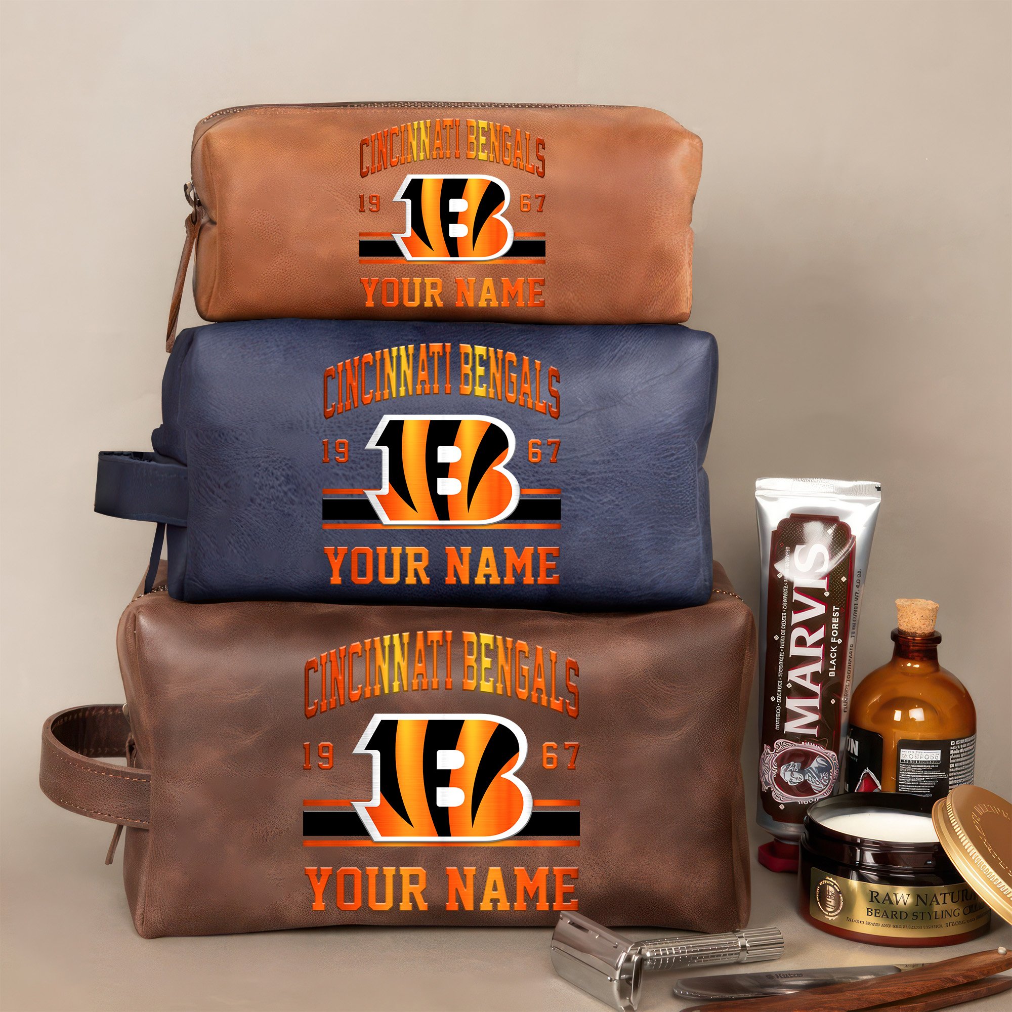 Cincinnati Bengals Leather Toiletry Bag For Men Custom Your Name, 2D In Leather Dopp Kit Bag, Football Fan Gifts, Gift For Dad EHIVM-59099