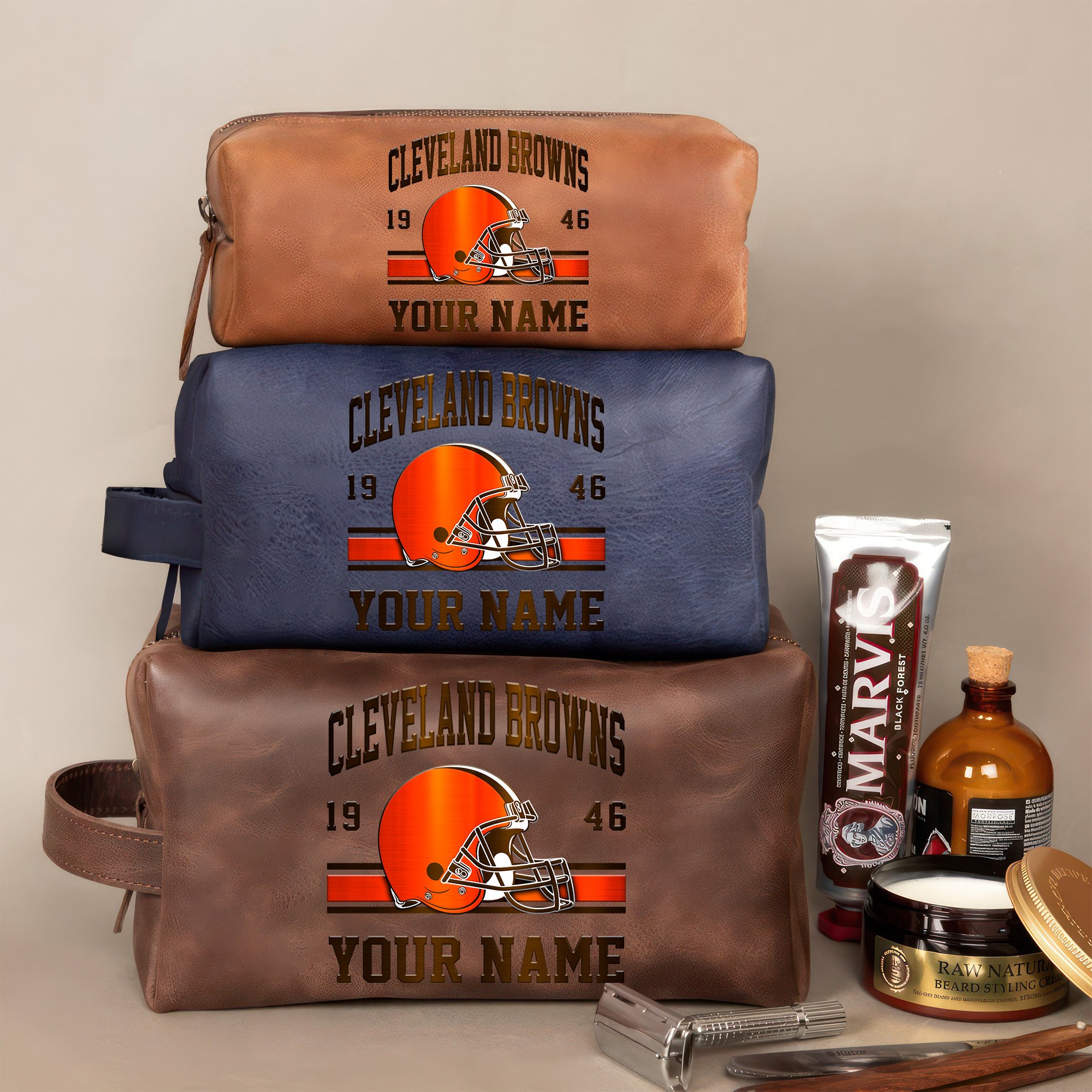 Cleveland Browns Leather Toiletry Bag For Men Custom Your Name, 2D In Leather Dopp Kit Bag, Football Fan Gifts, Gift For Dad EHIVM-59099