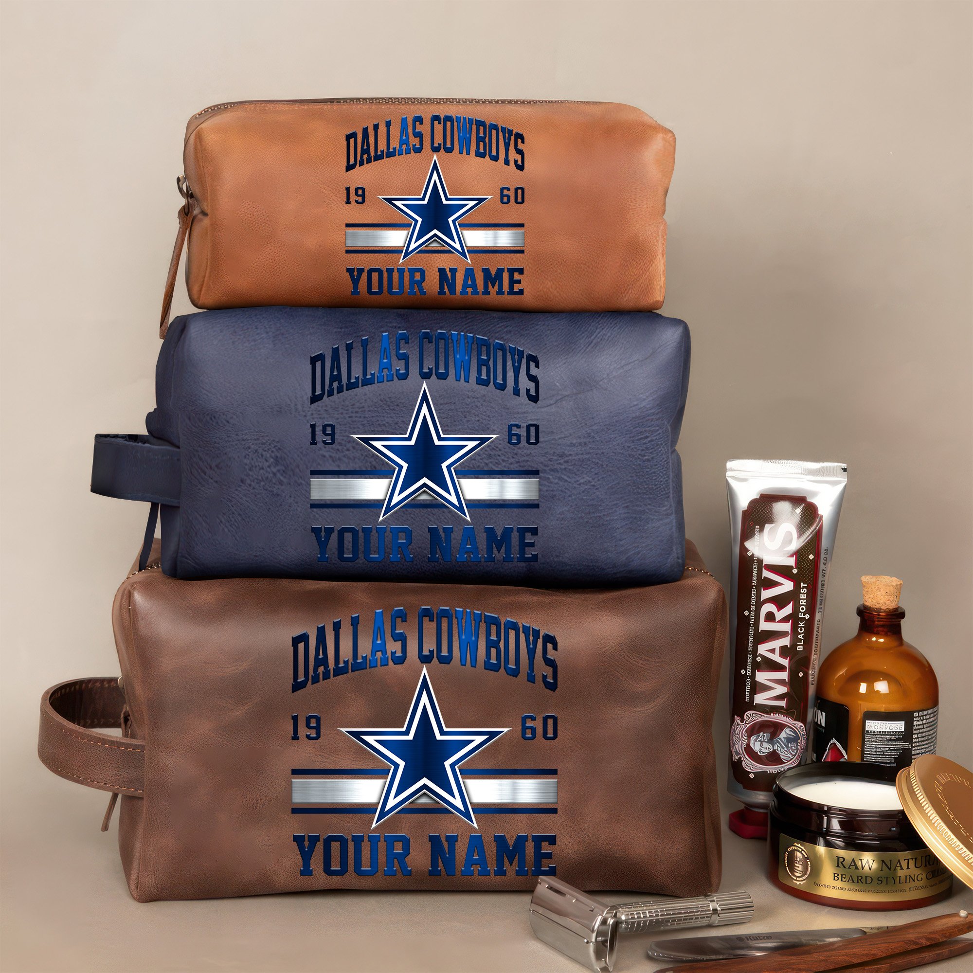 Dallas Cowboys Leather Toiletry Bag For Men Custom Your Name, 2D In Leather Dopp Kit Bag, Football Fan Gifts, Gift For Dad EHIVM-59099