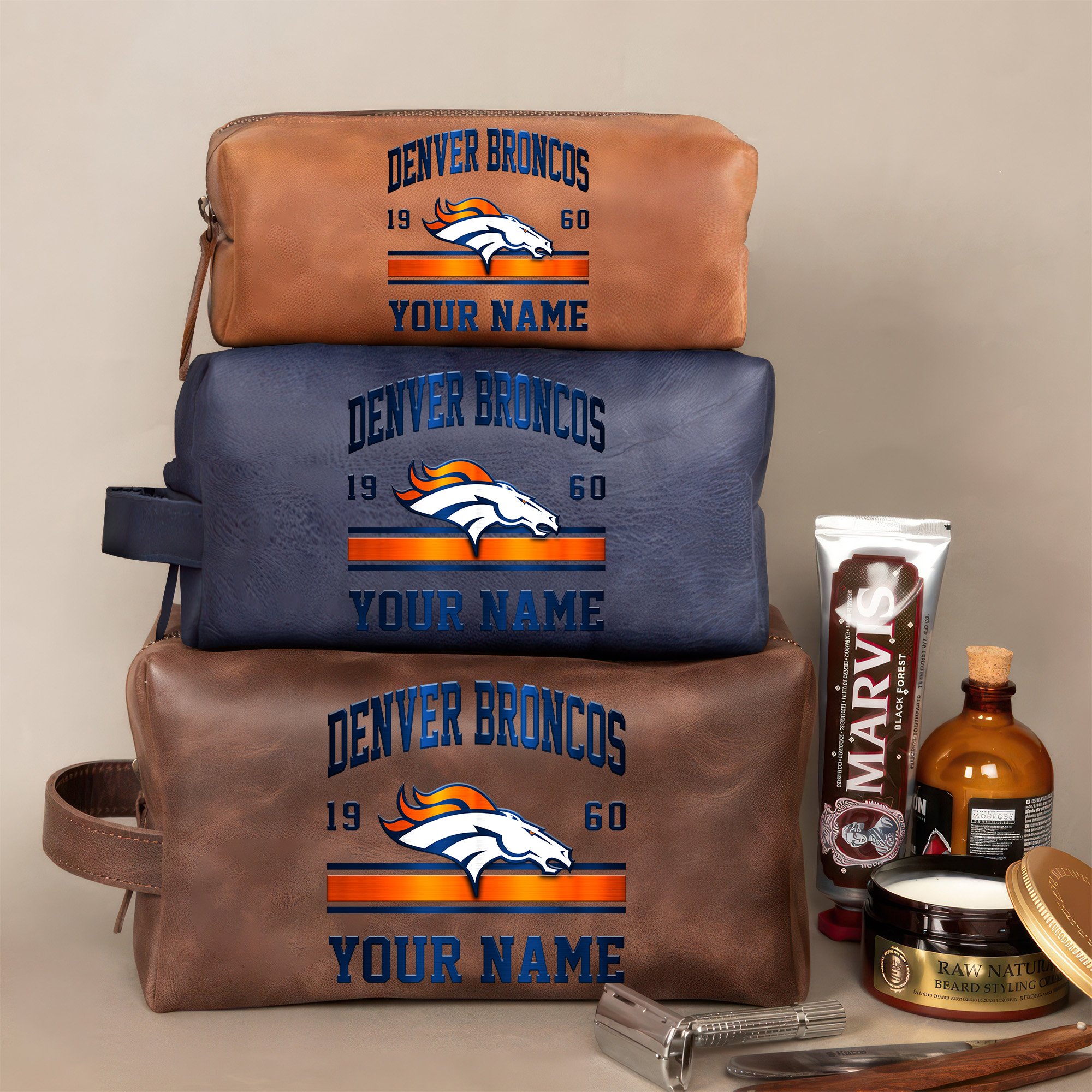 Denver Broncos Leather Toiletry Bag For Men Custom Your Name, 2D In Leather Dopp Kit Bag, Football Fan Gifts, Gift For Dad EHIVM-59099