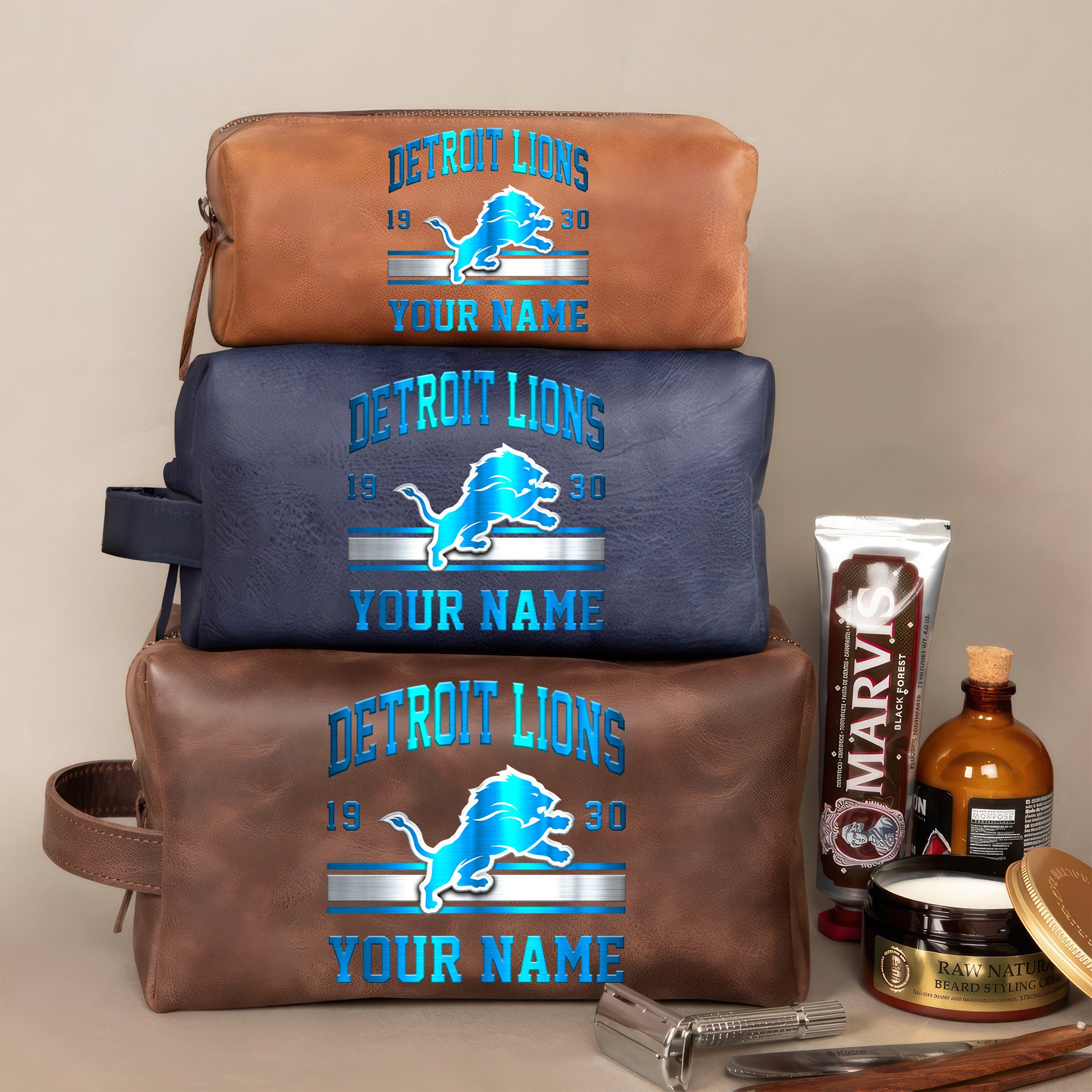 Detroit Lions Leather Toiletry Bag For Men Custom Your Name, 2D In Leather Dopp Kit Bag, Football Fan Gifts, Gift For Dad EHIVM-59099