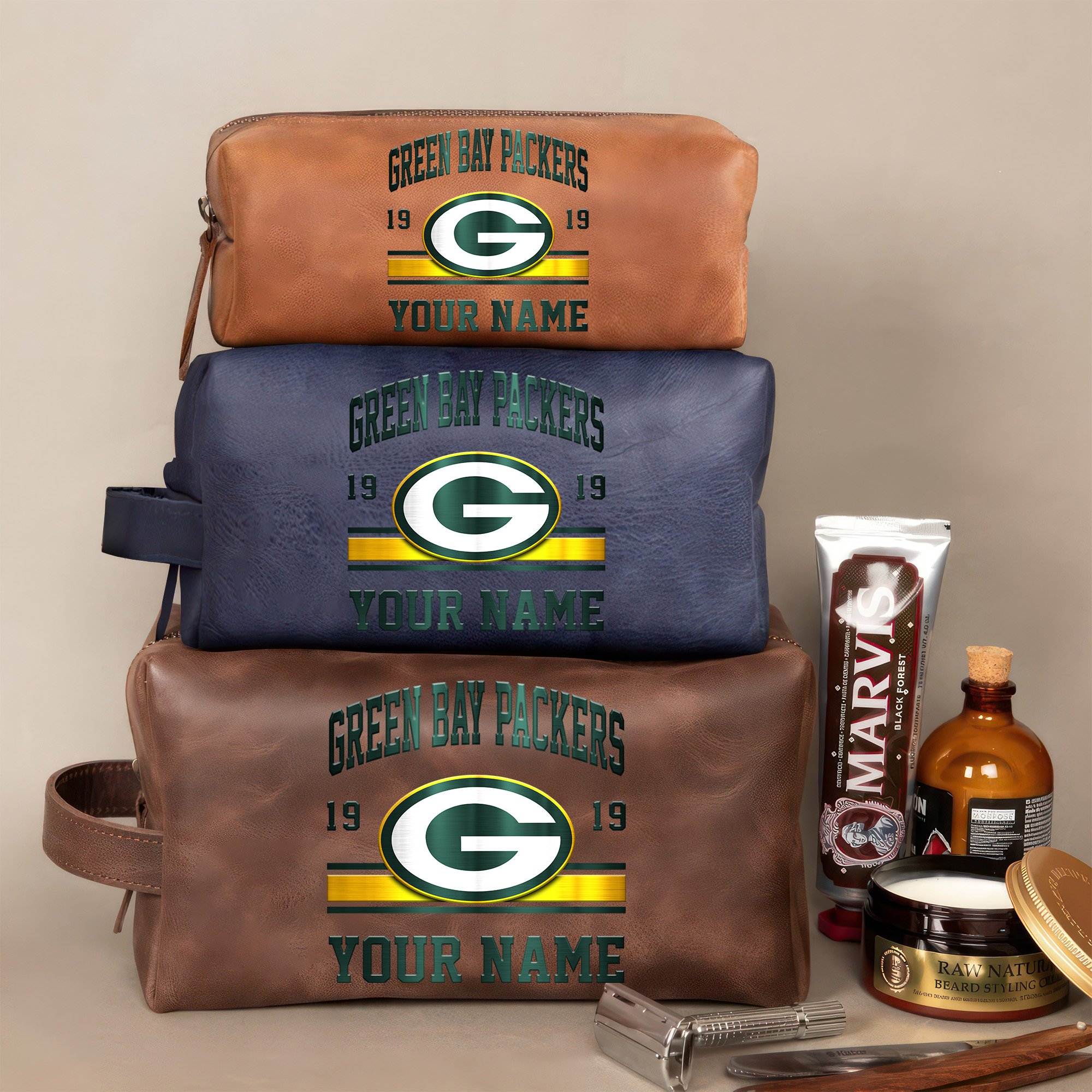 Green Bay Packers Leather Toiletry Bag For Men Custom Your Name, 2D In Leather Dopp Kit Bag, Football Fan Gifts, Gift For Dad EHIVM-59099