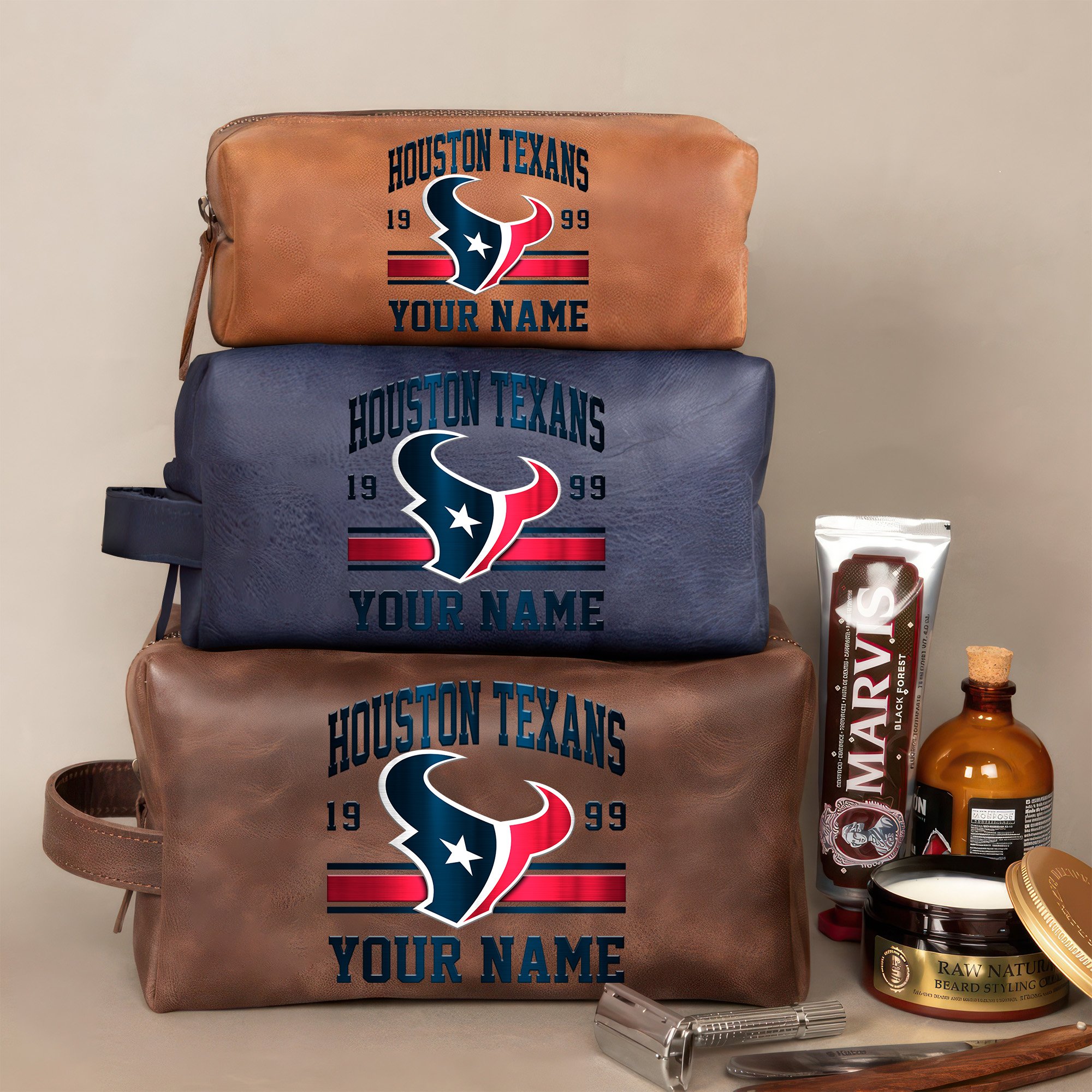 Houston Texans Leather Toiletry Bag For Men Custom Your Name, 2D In Leather Dopp Kit Bag, Football Fan Gifts, Gift For Dad EHIVM-59099