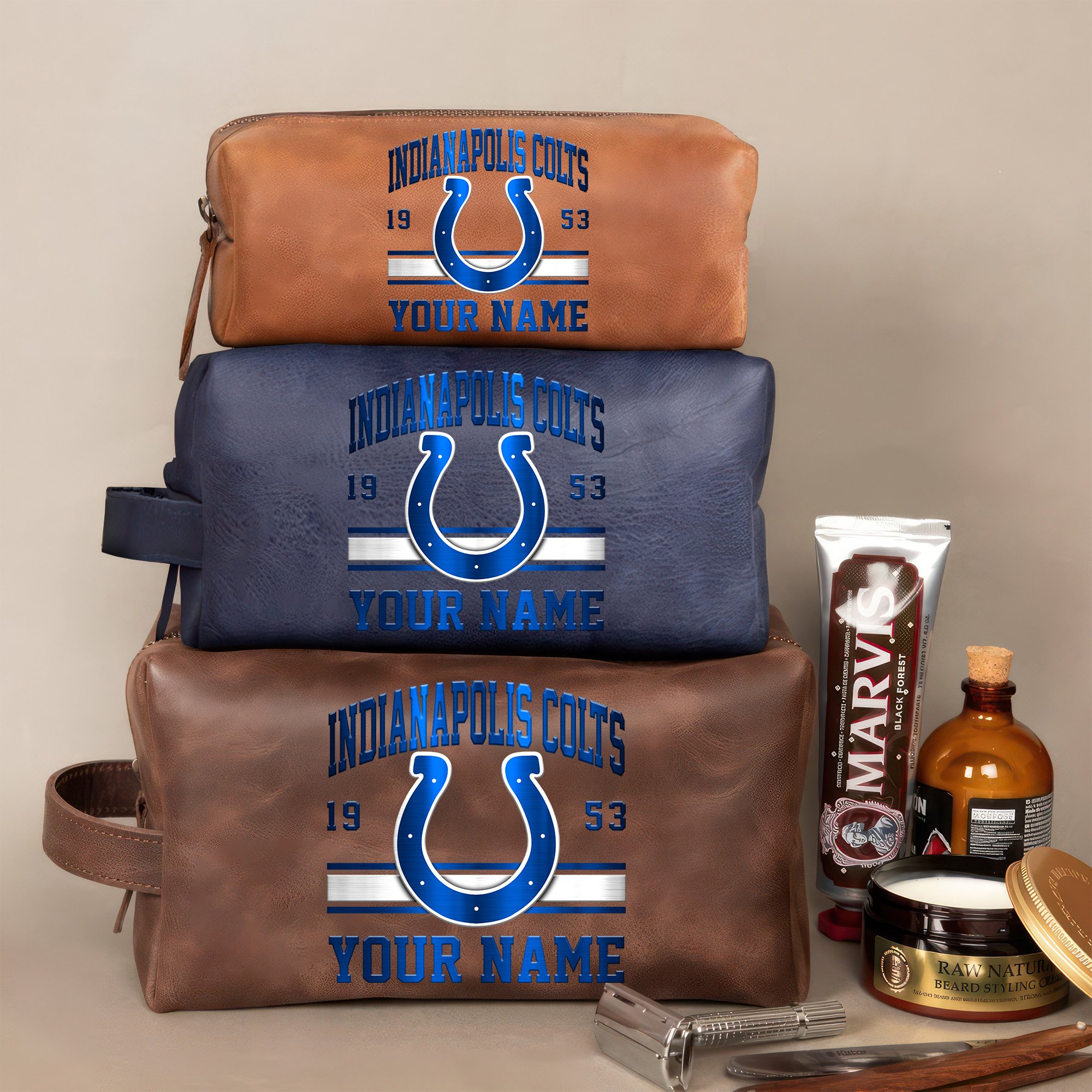 Indianapolis Colts Leather Toiletry Bag For Men Custom Your Name, 2D In Leather Dopp Kit Bag, Football Fan Gifts, Gift For Dad EHIVM-59099