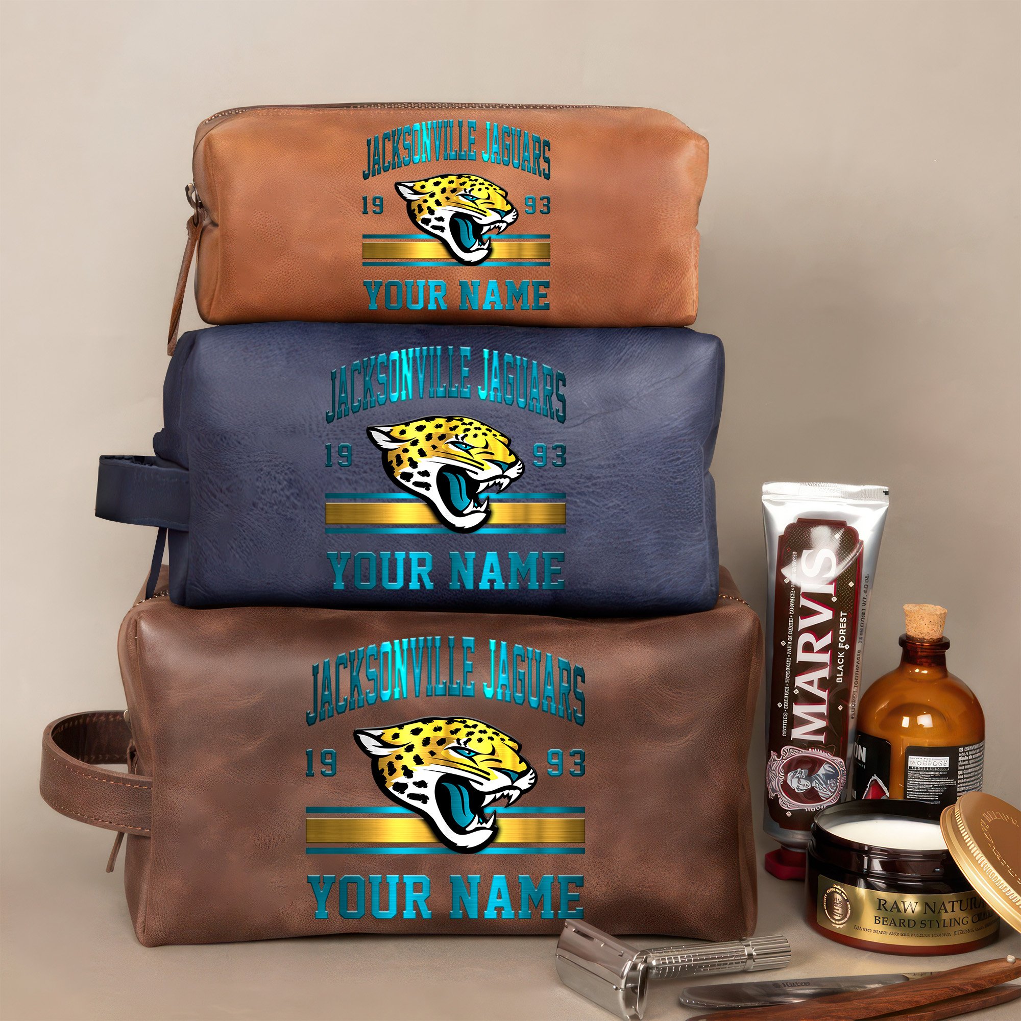 Jacksonville Jaguars Leather Toiletry Bag For Men Custom Your Name, 2D In Leather Dopp Kit Bag, Football Fan Gifts, Gift For Dad EHIVM-59099