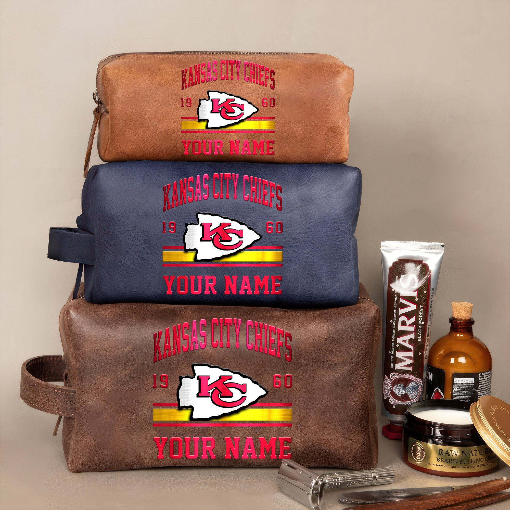 Kansas City Chiefs Leather Toiletry Bag For Men Custom Your Name, 2D In Leather Dopp Kit Bag, Football Fan Gifts, Gift For Dad EHIVM-59099