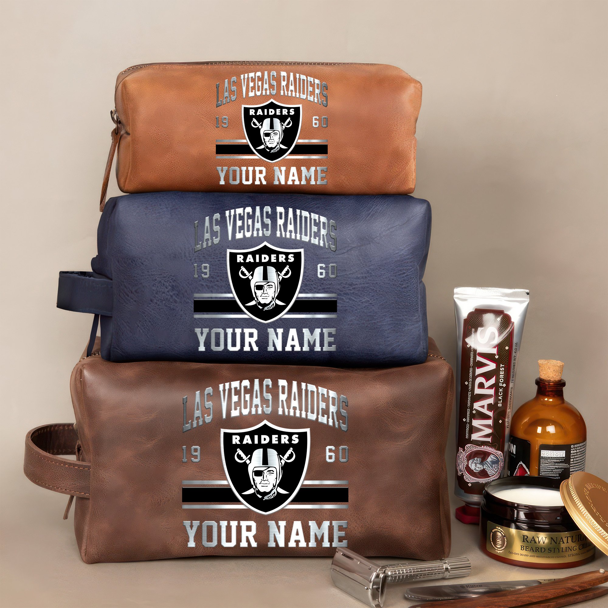 Las Vegas Raiders Leather Toiletry Bag For Men Custom Your Name, 2D In Leather Dopp Kit Bag, Football Fan Gifts, Gift For Dad EHIVM-59099