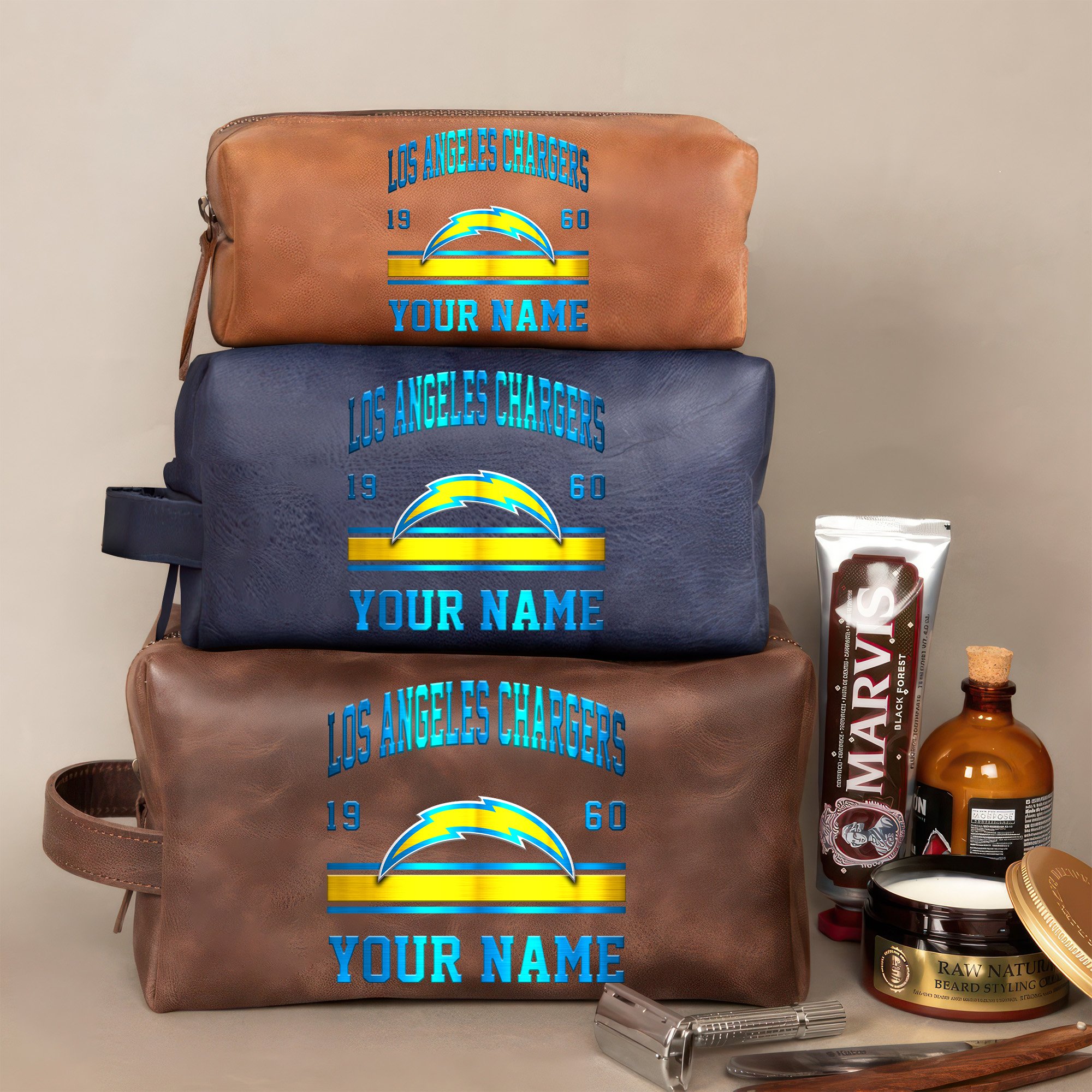 Los Angeles Chargers Leather Toiletry Bag For Men Custom Your Name, 2D In Leather Dopp Kit Bag, Football Fan Gifts, Gift For Dad EHIVM-59099