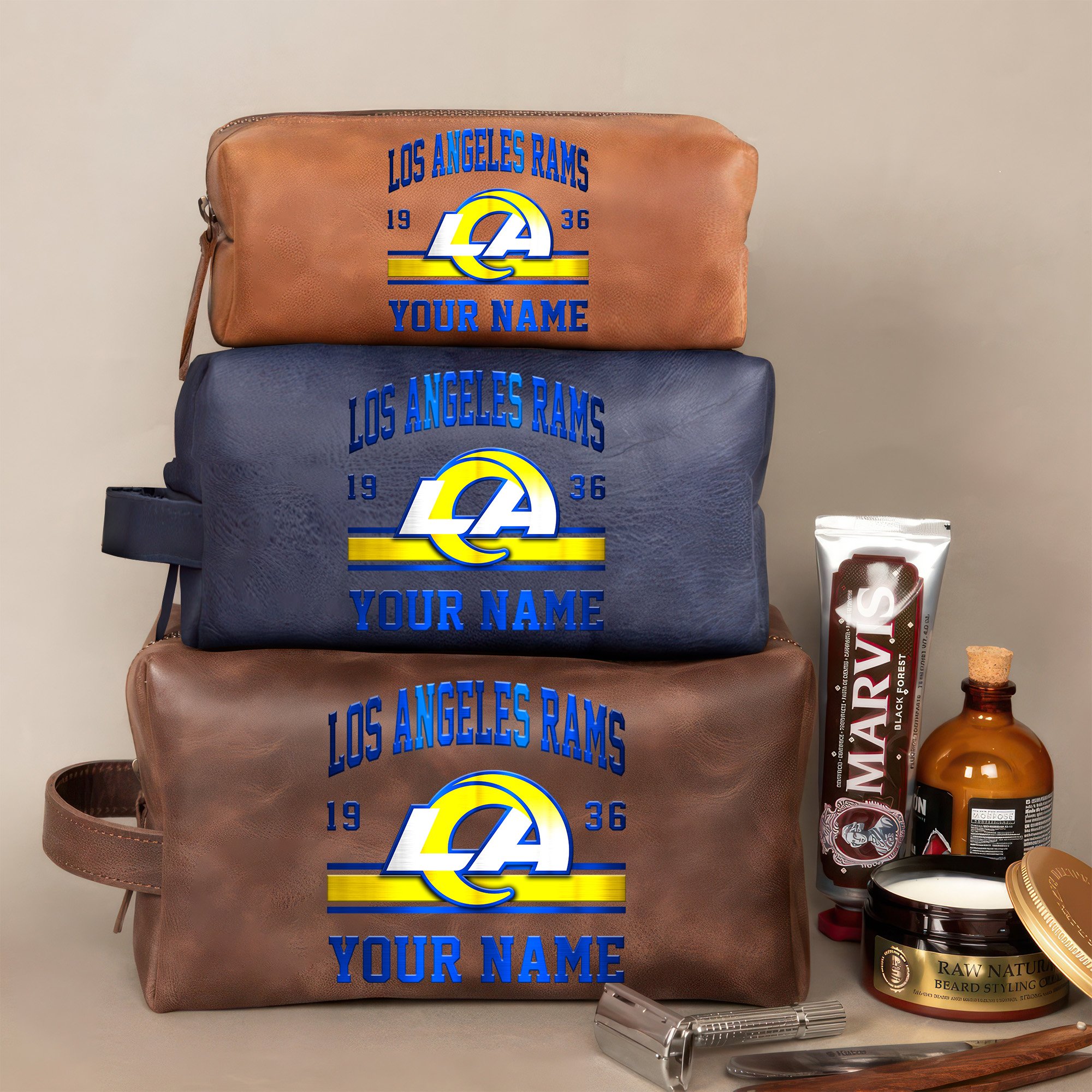 Los Angeles Rams Leather Toiletry Bag For Men Custom Your Name, 2D In Leather Dopp Kit Bag, Football Fan Gifts, Gift For Dad EHIVM-59099