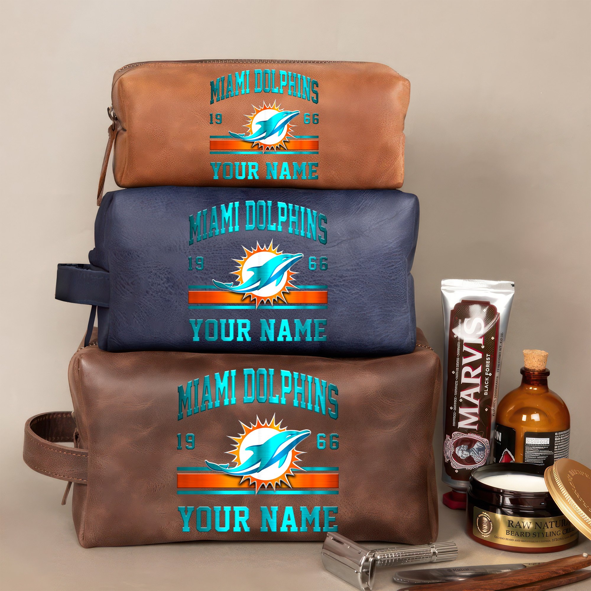 Miami Dolphins Leather Toiletry Bag For Men Custom Your Name, 2D In Leather Dopp Kit Bag, Football Fan Gifts, Gift For Dad EHIVM-59099