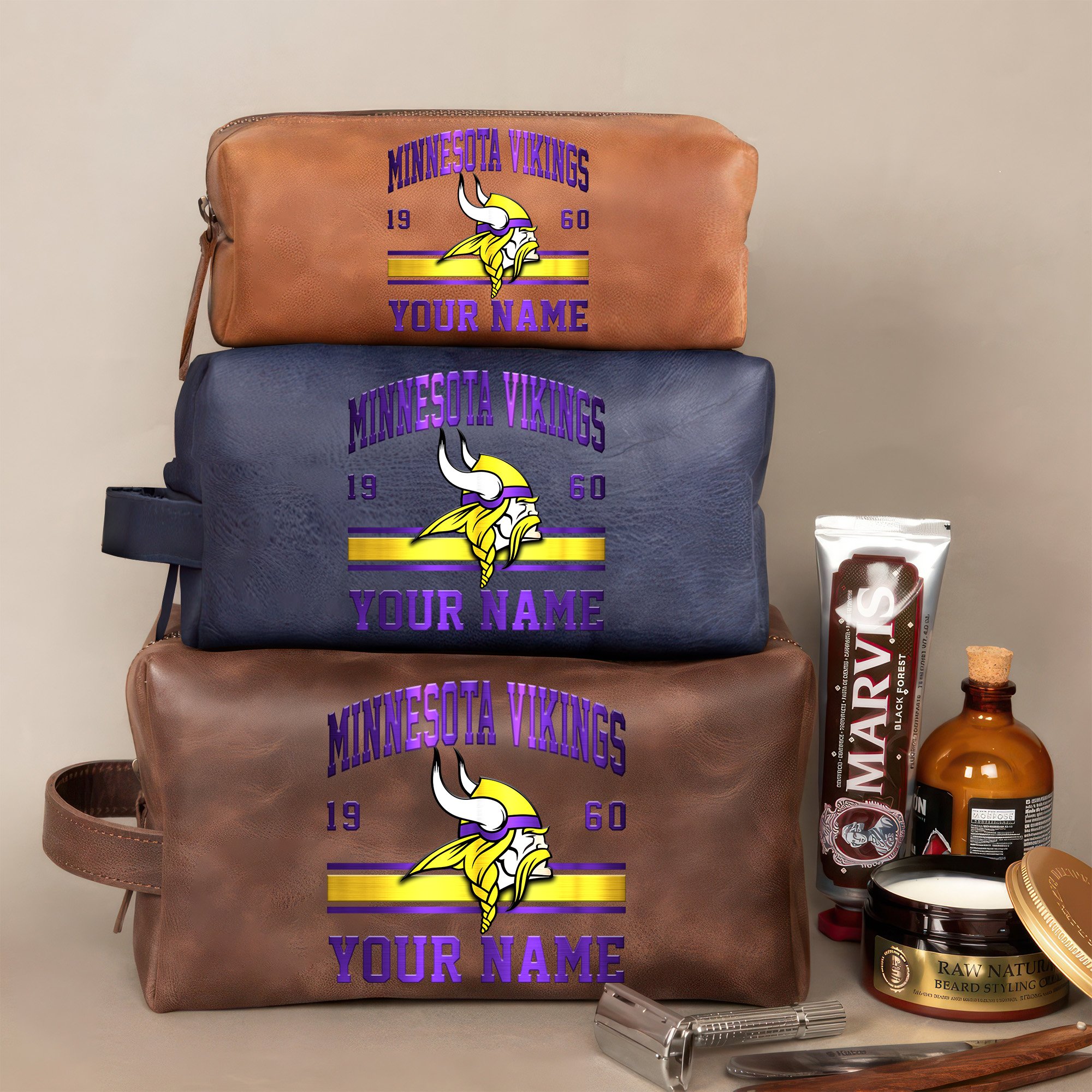 Minnesota Vikings Leather Toiletry Bag For Men Custom Your Name, 2D In Leather Dopp Kit Bag, Football Fan Gifts, Gift For Dad EHIVM-59099