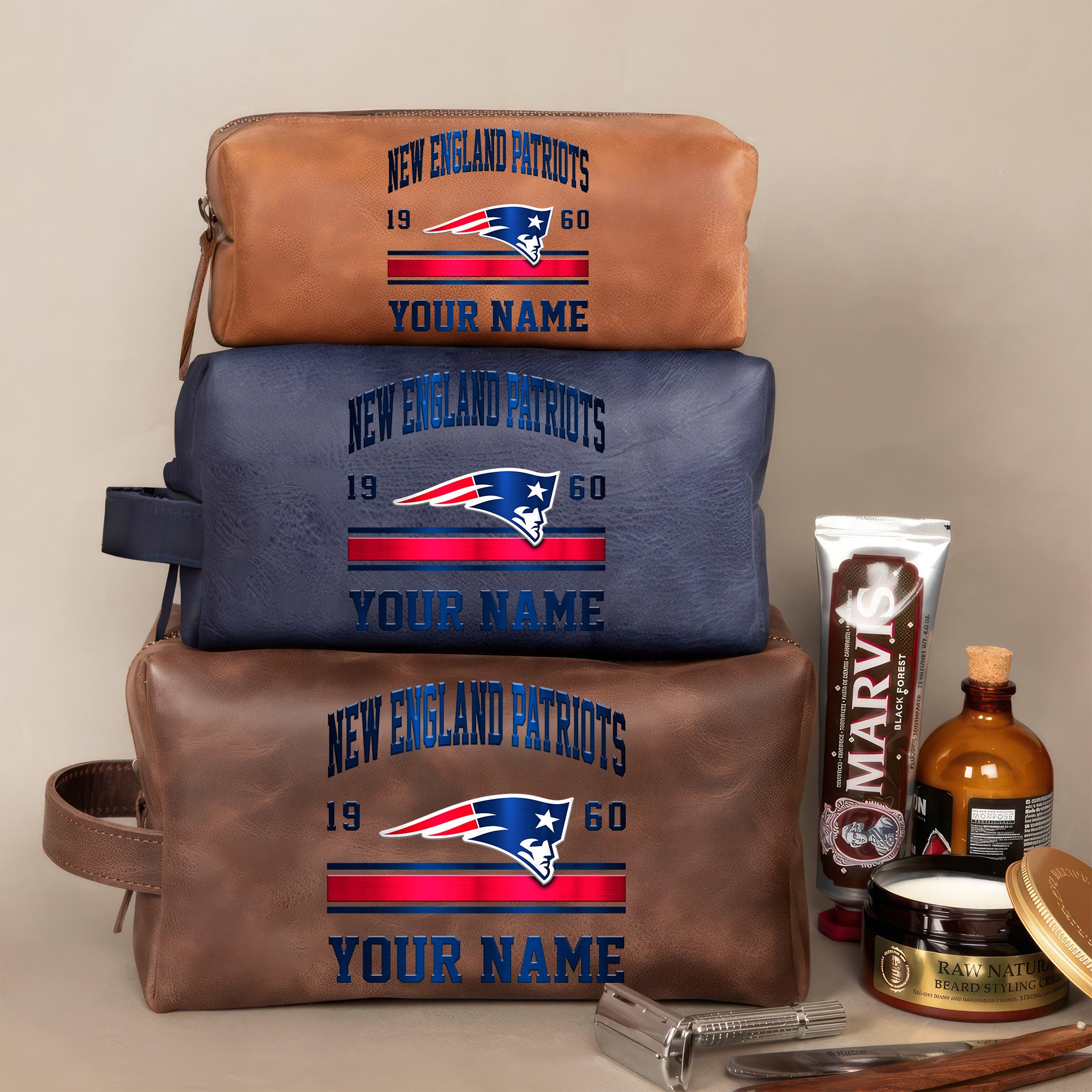 New England Patriots Leather Toiletry Bag For Men Custom Your Name, 2D In Leather Dopp Kit Bag, Football Fan Gifts, Gift For Dad EHIVM-59099