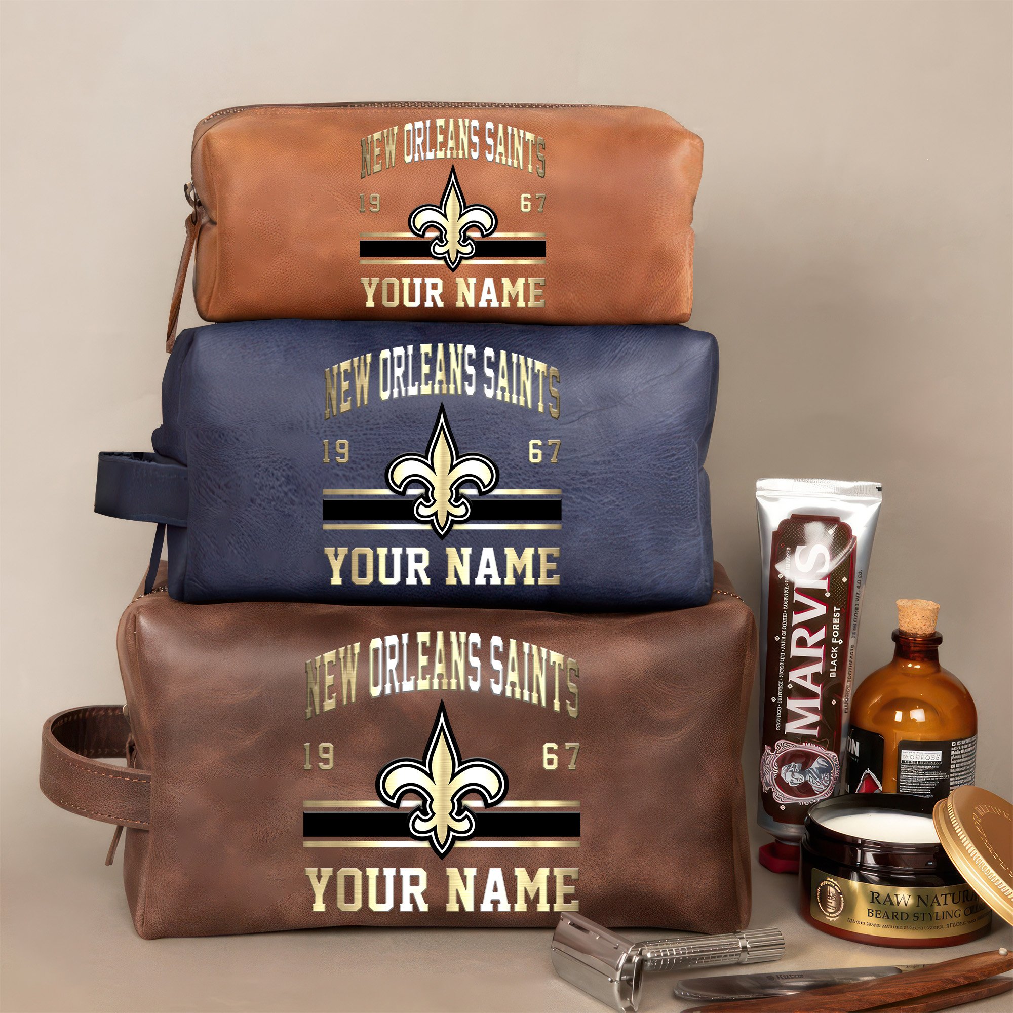 New Orleans Saints Leather Toiletry Bag For Men Custom Your Name, 2D In Leather Dopp Kit Bag, Football Fan Gifts, Gift For Dad EHIVM-59099