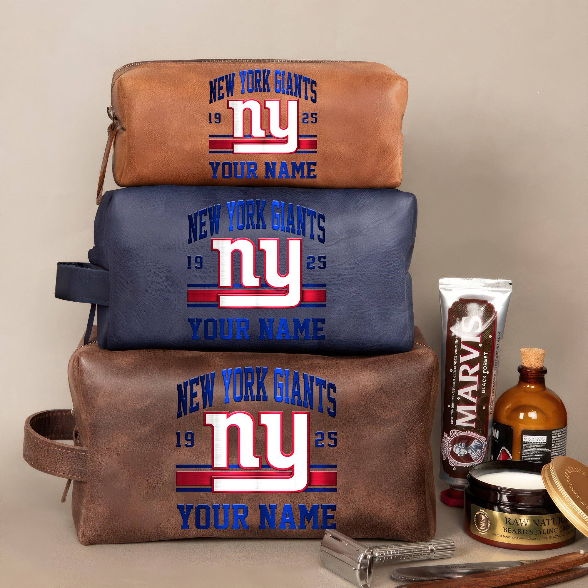 New York Giants Leather Toiletry Bag For Men Custom Your Name, 2D In Leather Dopp Kit Bag, Football Fan Gifts, Gift For Dad EHIVM-59099