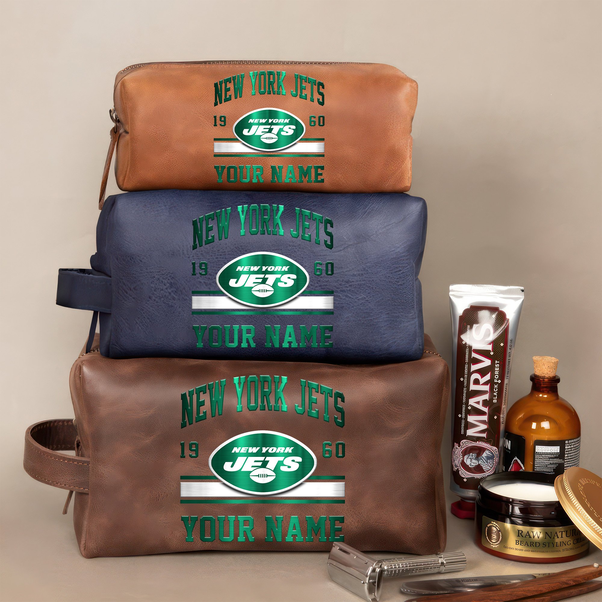 New York Jets Leather Toiletry Bag For Men Custom Your Name, 2D In Leather Dopp Kit Bag, Football Fan Gifts, Gift For Dad EHIVM-59099