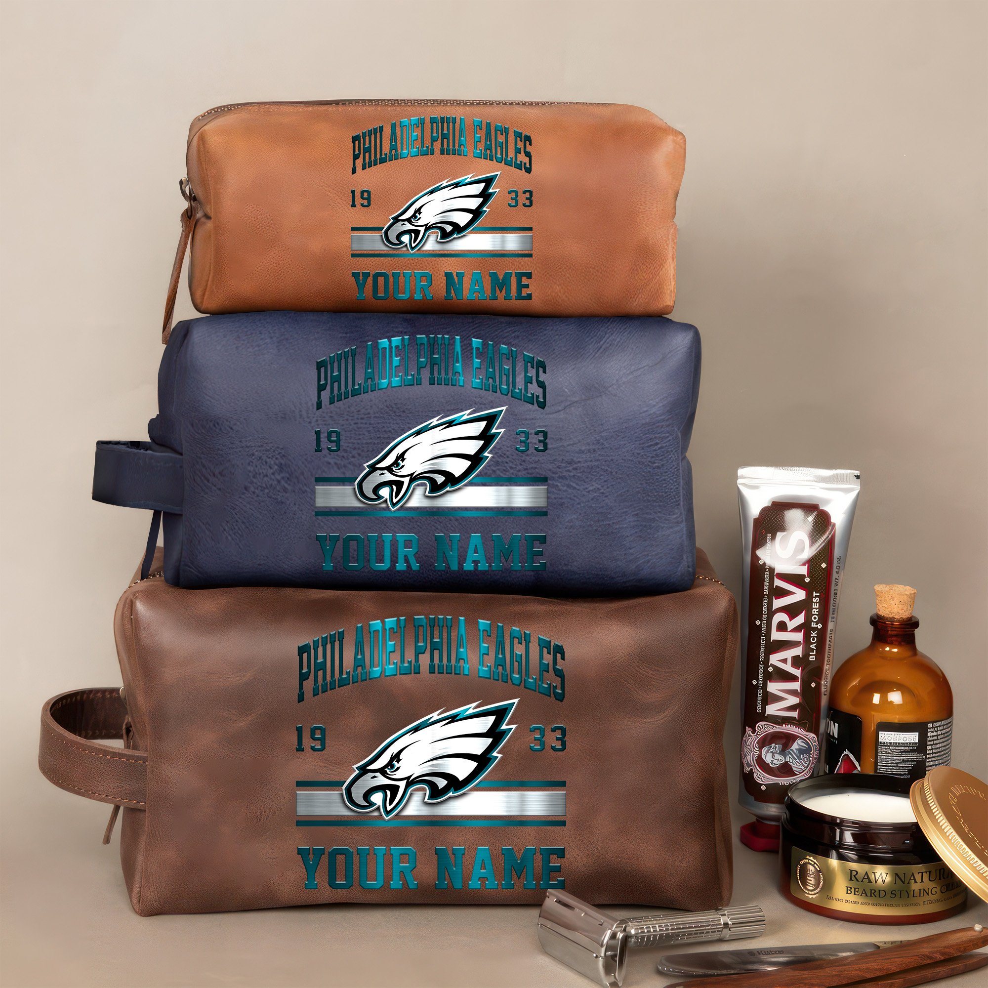 Philadelphia Eagles Leather Toiletry Bag For Men Custom Your Name, 2D In Leather Dopp Kit Bag, Football Fan Gifts, Gift For Dad EHIVM-59099