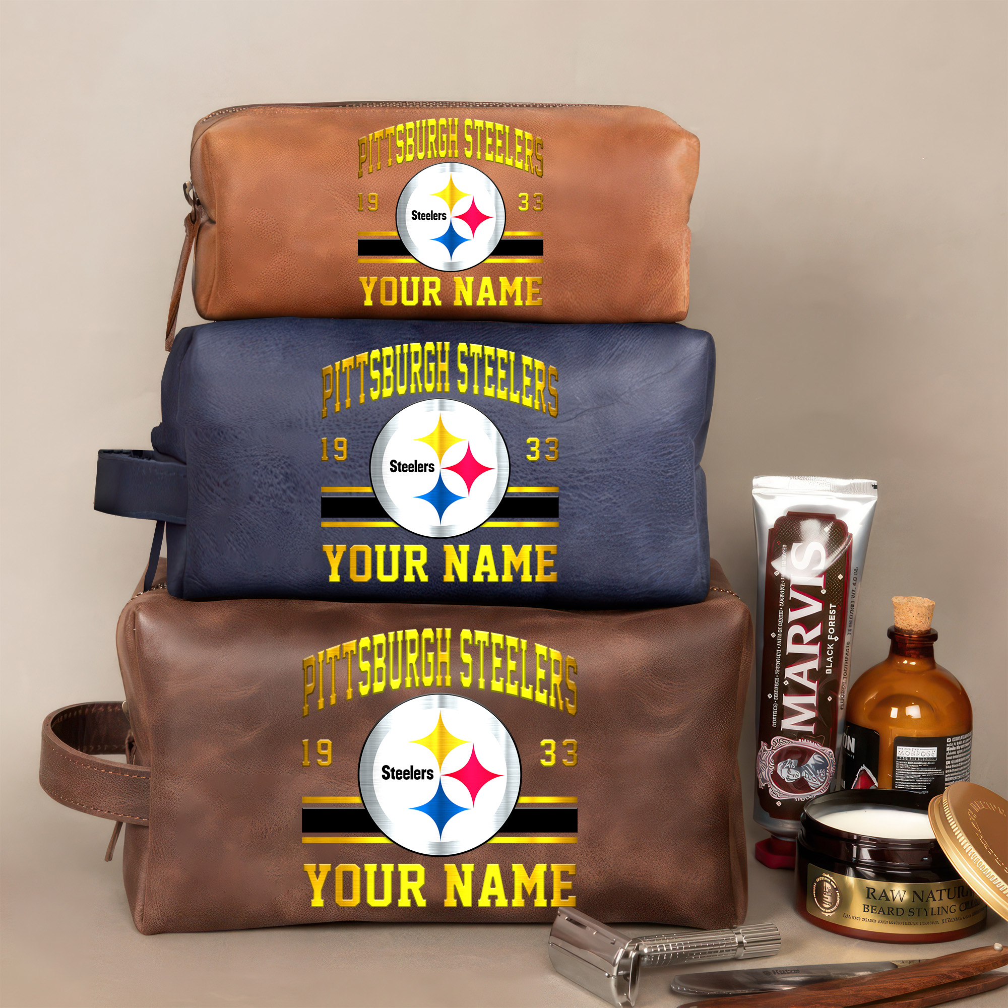 Pittsburgh Steelers Leather Toiletry Bag For Men Custom Your Name, 2D In Leather Dopp Kit Bag, Football Fan Gifts, Gift For Dad EHIVM-59099