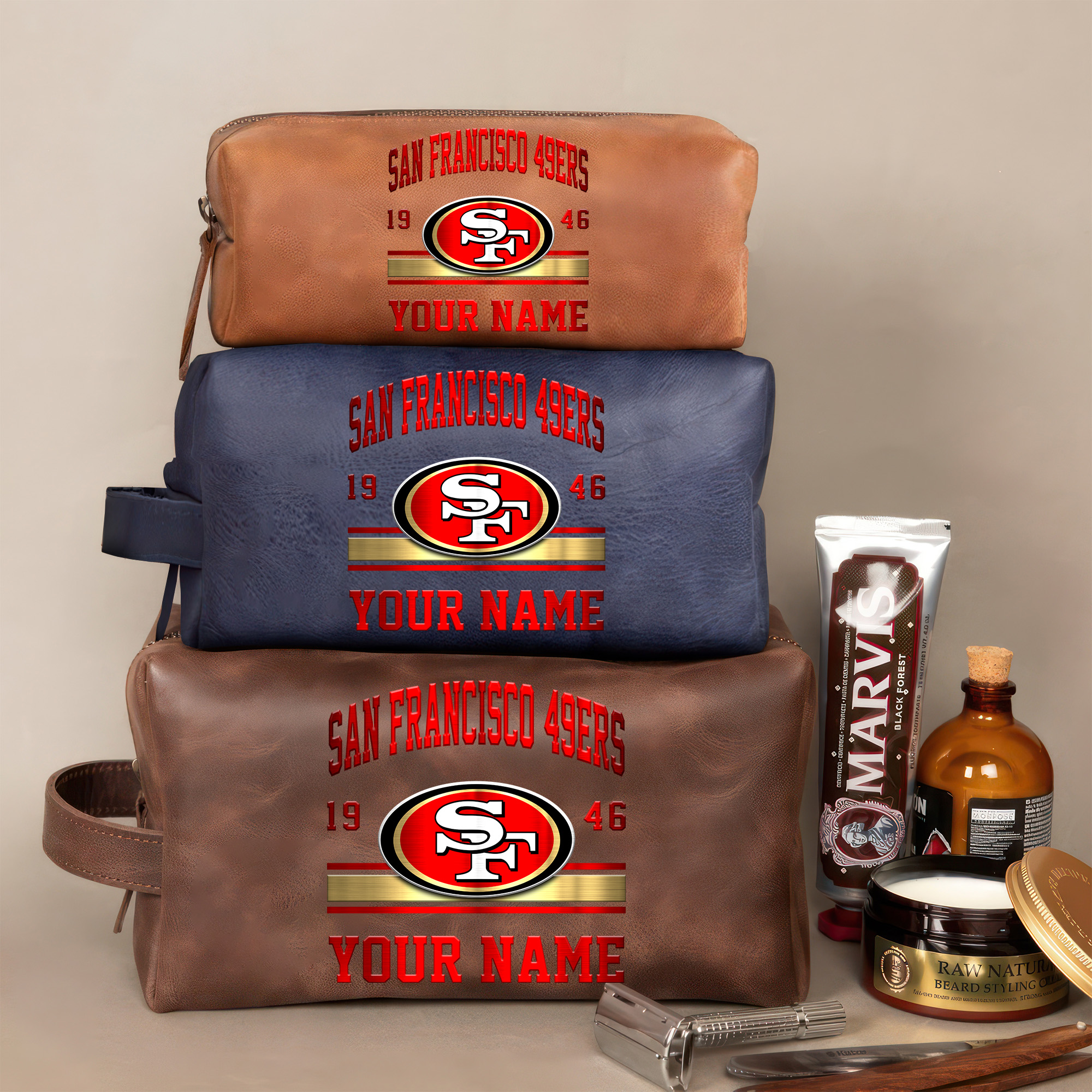 San Francisco 49ers Leather Toiletry Bag For Men Custom Your Name, 2D In Leather Dopp Kit Bag, Football Fan Gifts, Gift For Dad EHIVM-59099