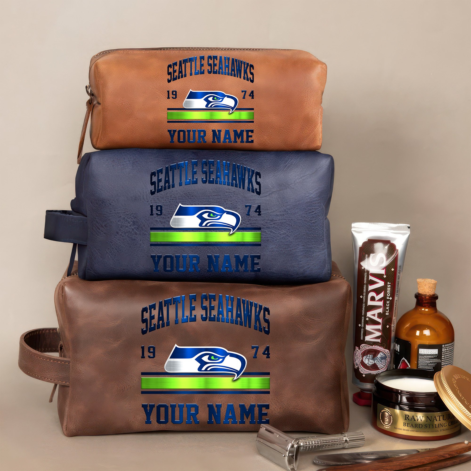 Seattle Seahawks Leather Toiletry Bag For Men Custom Your Name, 2D In Leather Dopp Kit Bag, Football Fan Gifts, Gift For Dad EHIVM-59099