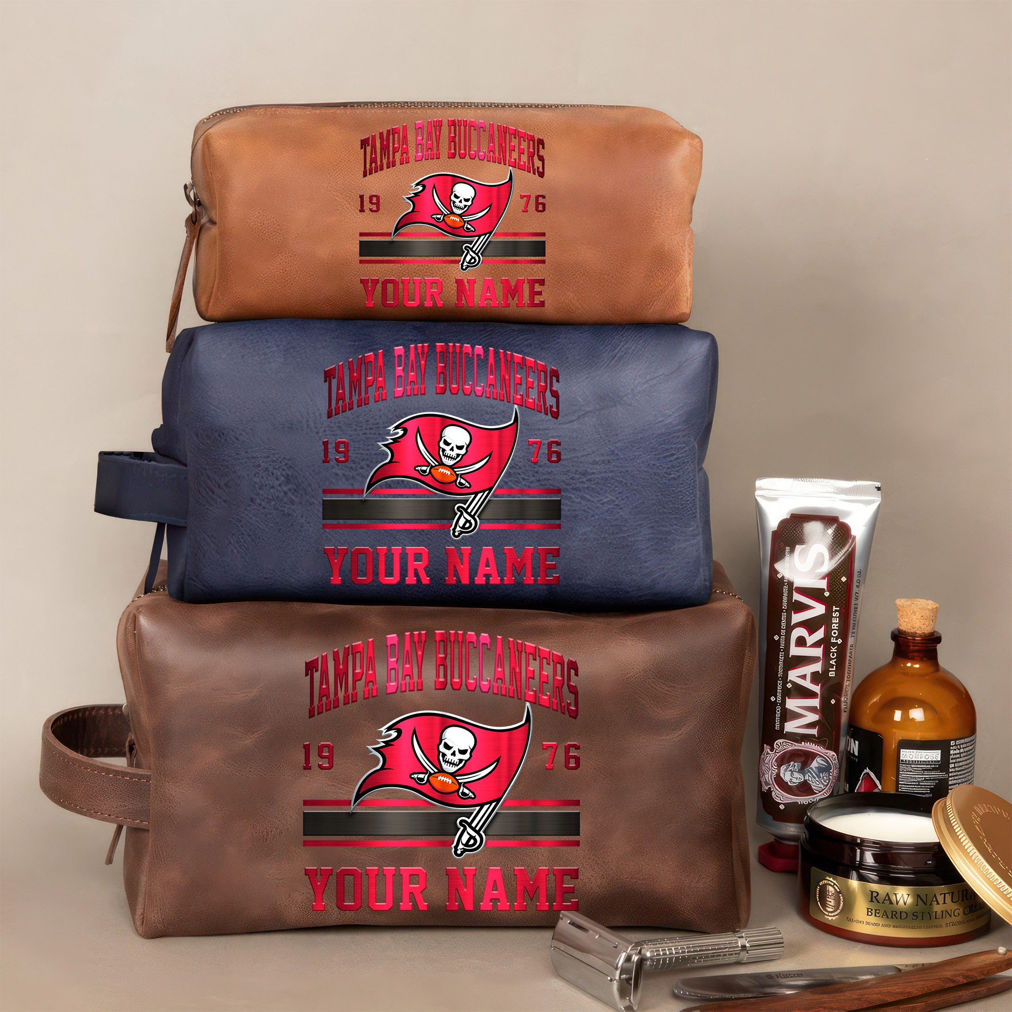 Tampa Bay Buccaneers Leather Toiletry Bag For Men Custom Your Name, 2D In Leather Dopp Kit Bag, Football Fan Gifts, Gift For Dad EHIVM-59099