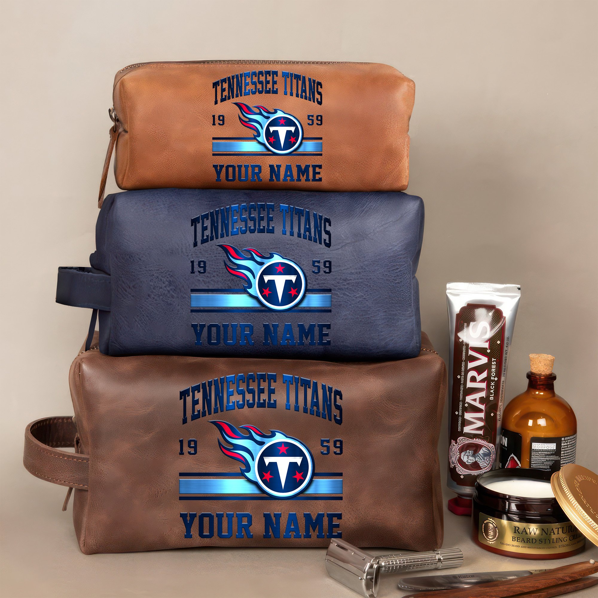 Tennessee Titans Leather Toiletry Bag For Men Custom Your Name, 2D In Leather Dopp Kit Bag, Football Fan Gifts, Gift For Dad EHIVM-59099