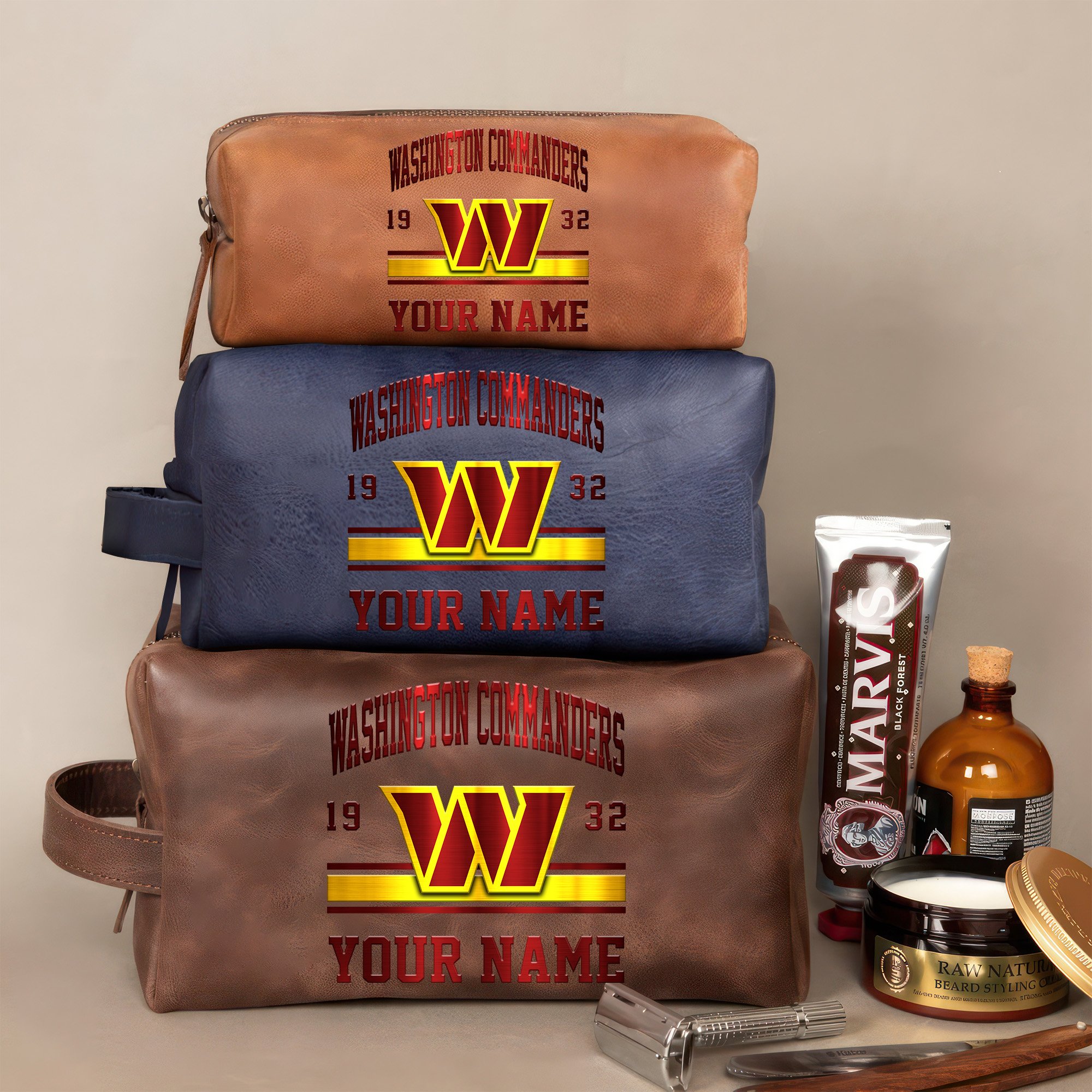 Washington Commanders Leather Toiletry Bag For Men Custom Your Name, 2D In Leather Dopp Kit Bag, Football Fan Gifts, Gift For Dad EHIVM-59099