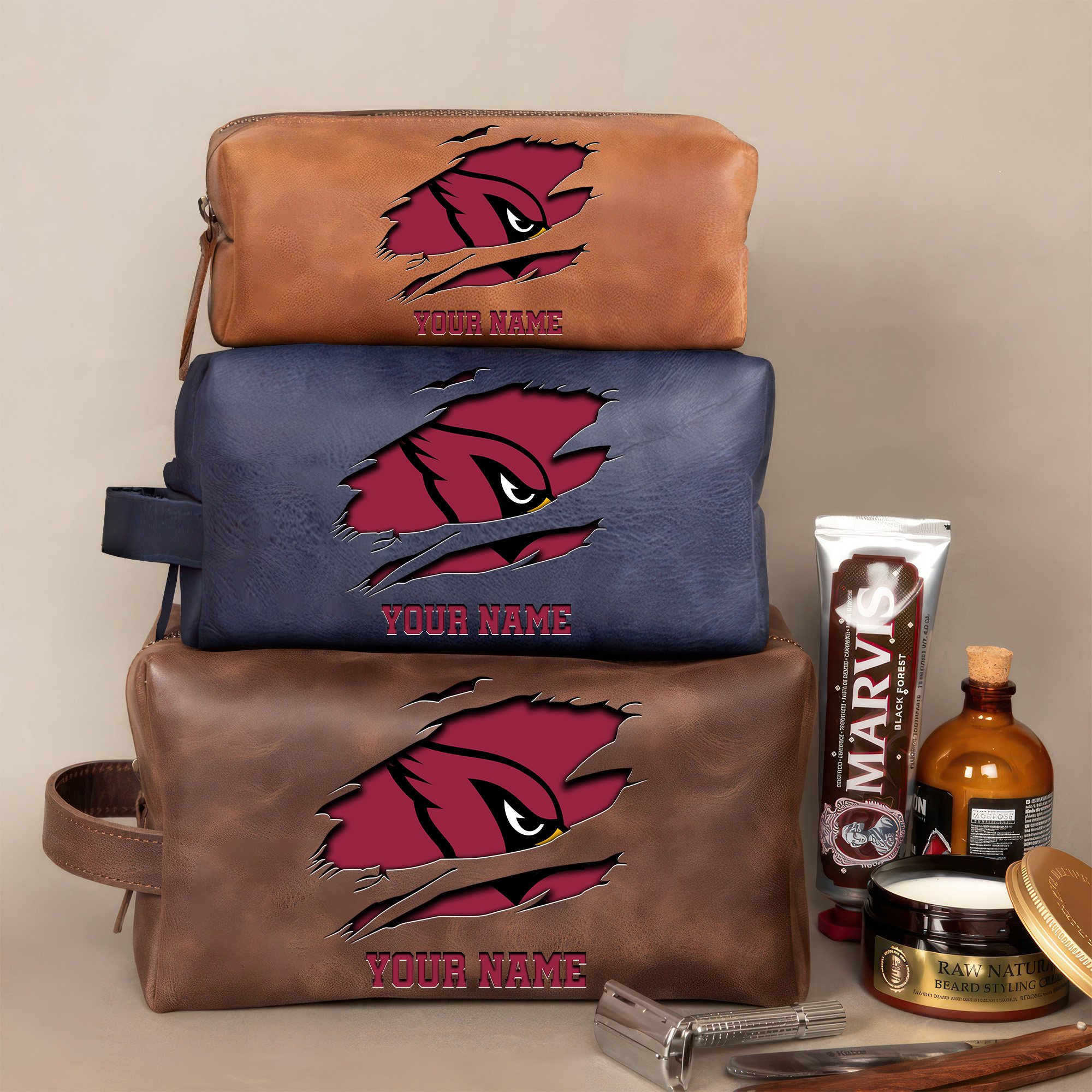 Arizona Cardinals Leather Toiletry Bag For Men Custom Your Name 2024 Versions, 2D In Leather Dopp Kit Bag, Football Fan Gifts EHIVM-59100