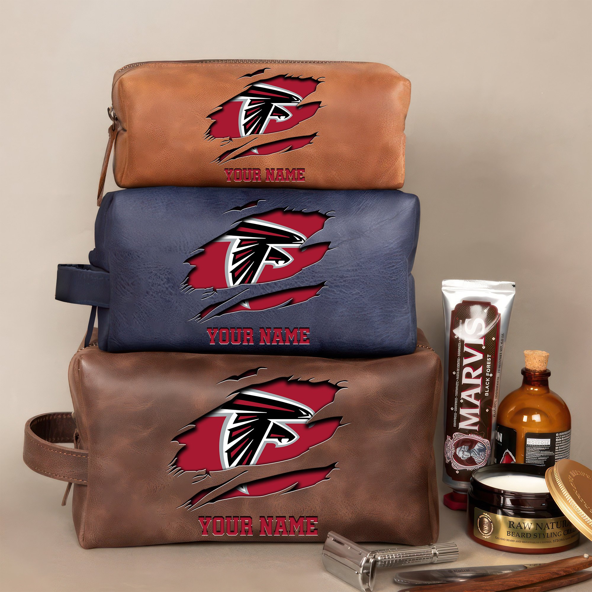 Atlanta Falcons Leather Toiletry Bag For Men Custom Your Name 2024 Versions, 2D In Leather Dopp Kit Bag, Football Fan Gifts EHIVM-59100