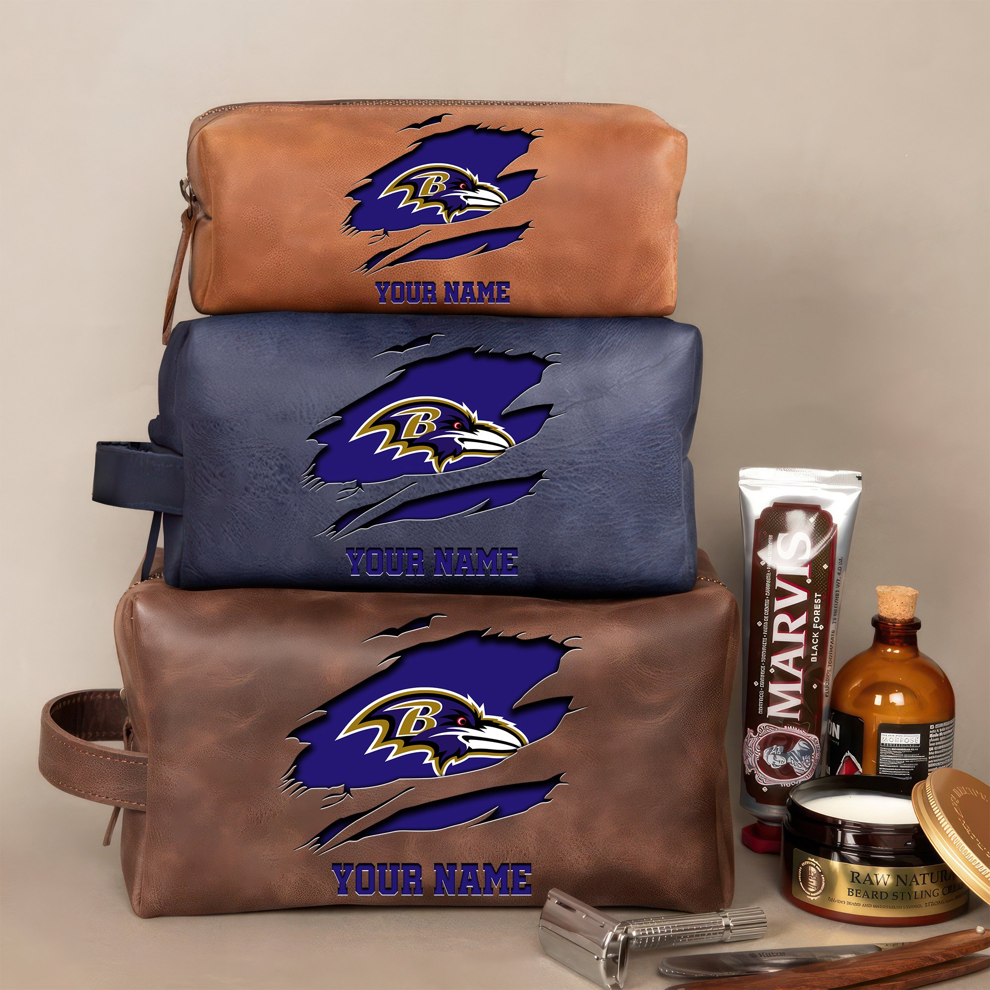 Baltimore Ravens Leather Toiletry Bag For Men Custom Your Name 2024 Versions, 2D In Leather Dopp Kit Bag, Football Fan Gifts EHIVM-59100