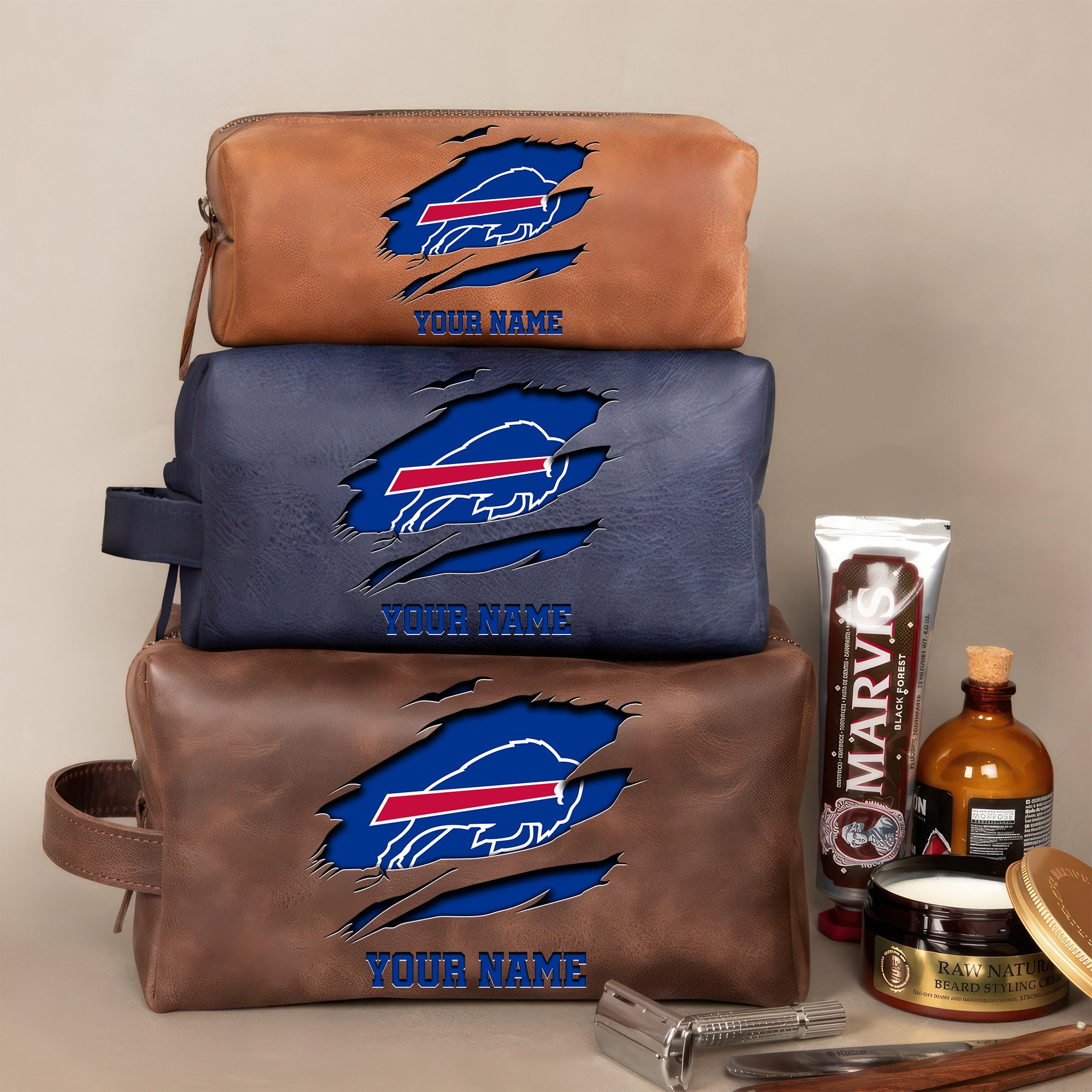 Buffalo Bills Leather Toiletry Bag For Men Custom Your Name 2024 Versions, 2D In Leather Dopp Kit Bag, Football Fan Gifts EHIVM-59100