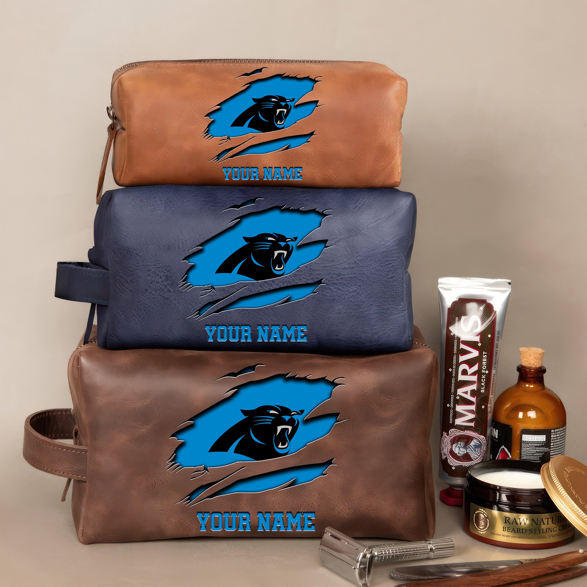 Carolina Panthers Leather Toiletry Bag For Men Custom Your Name 2024 Versions, 2D In Leather Dopp Kit Bag, Football Fan Gifts EHIVM-59100