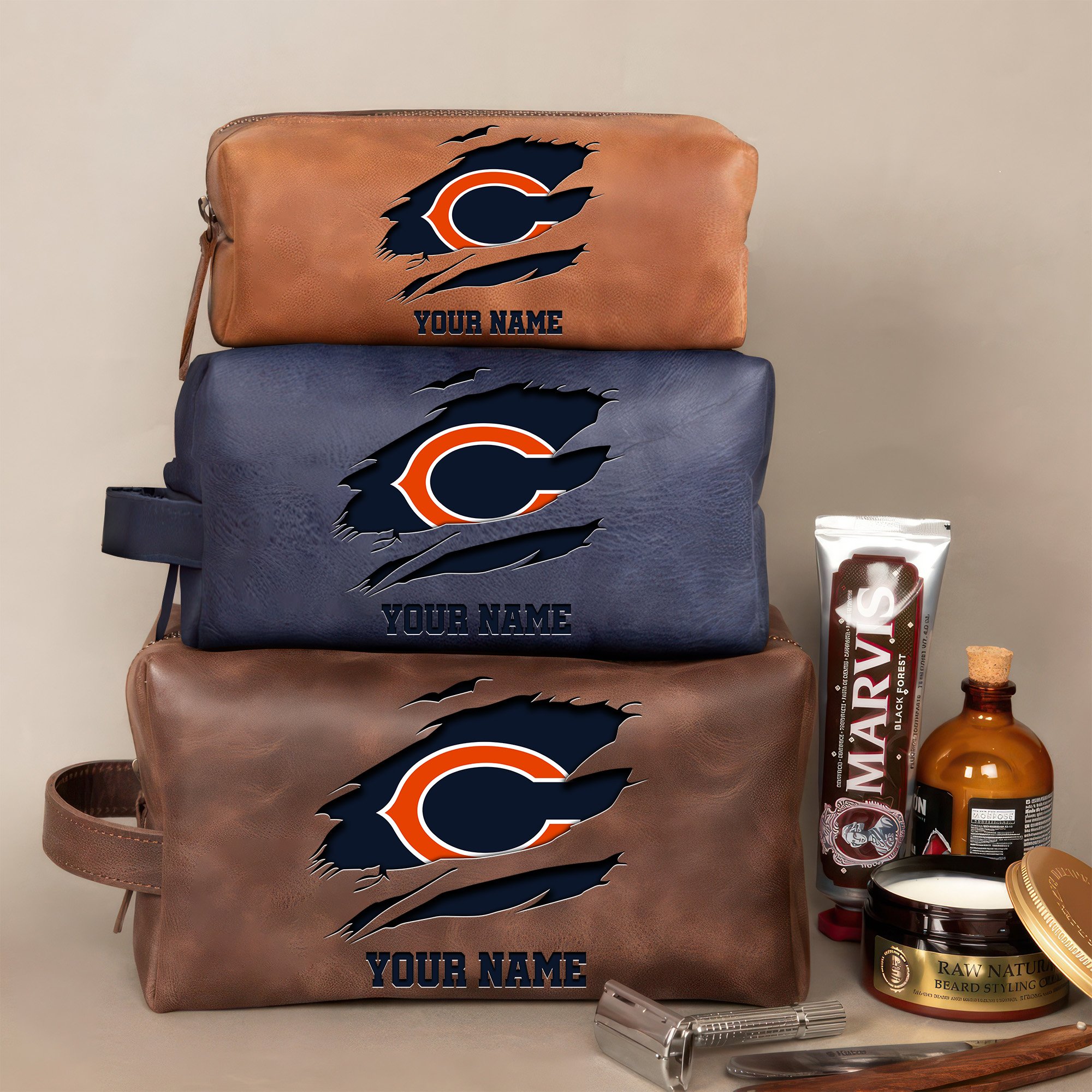 Chicago Bears Leather Toiletry Bag For Men Custom Your Name 2024 Versions, 2D In Leather Dopp Kit Bag, Football Fan Gifts EHIVM-59100