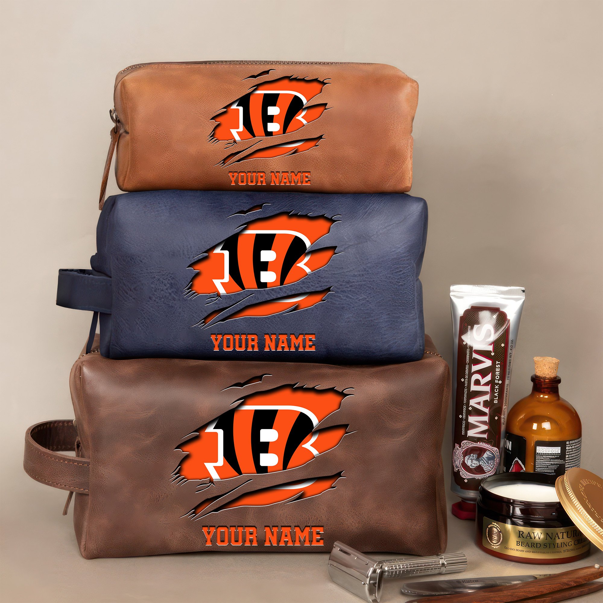 Cincinnati Bengals Leather Toiletry Bag For Men Custom Your Name 2024 Versions, 2D In Leather Dopp Kit Bag, Football Fan Gifts EHIVM-59100