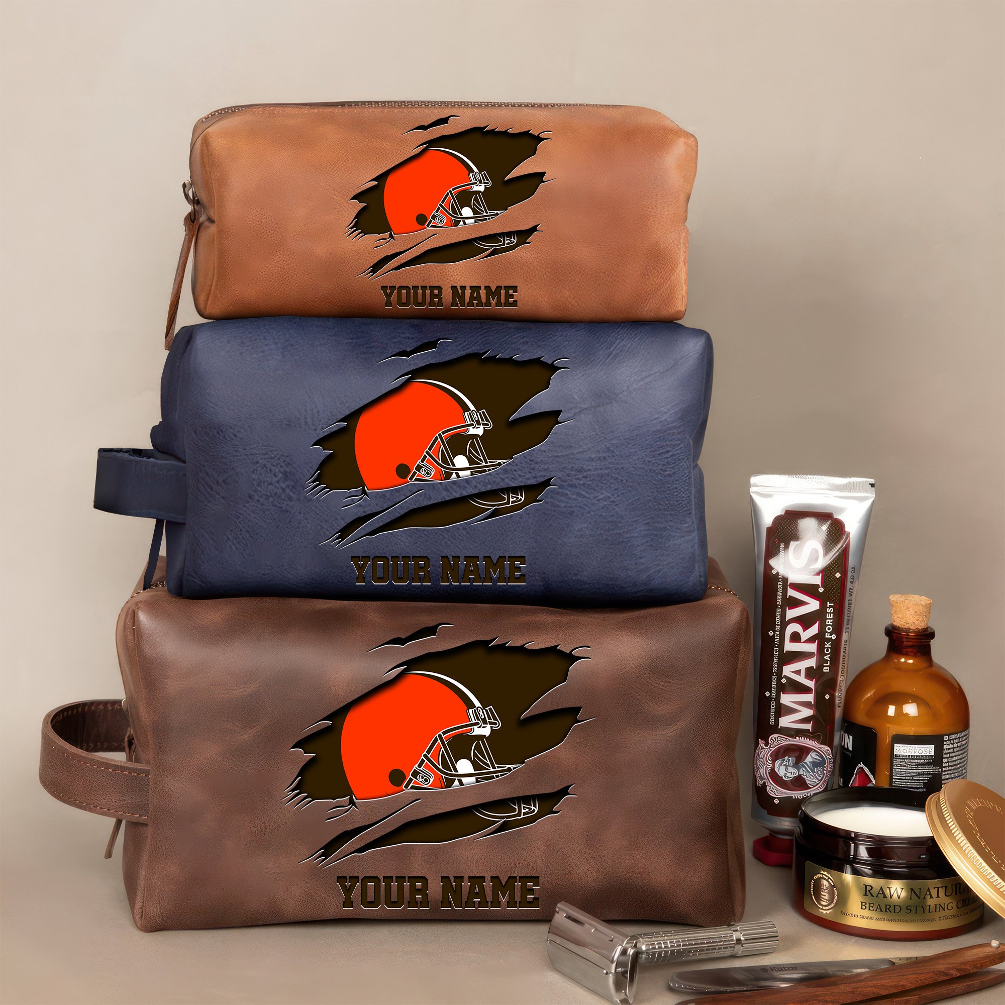 Cleveland Browns Leather Toiletry Bag For Men Custom Your Name 2024 Versions, 2D In Leather Dopp Kit Bag, Football Fan Gifts EHIVM-59100