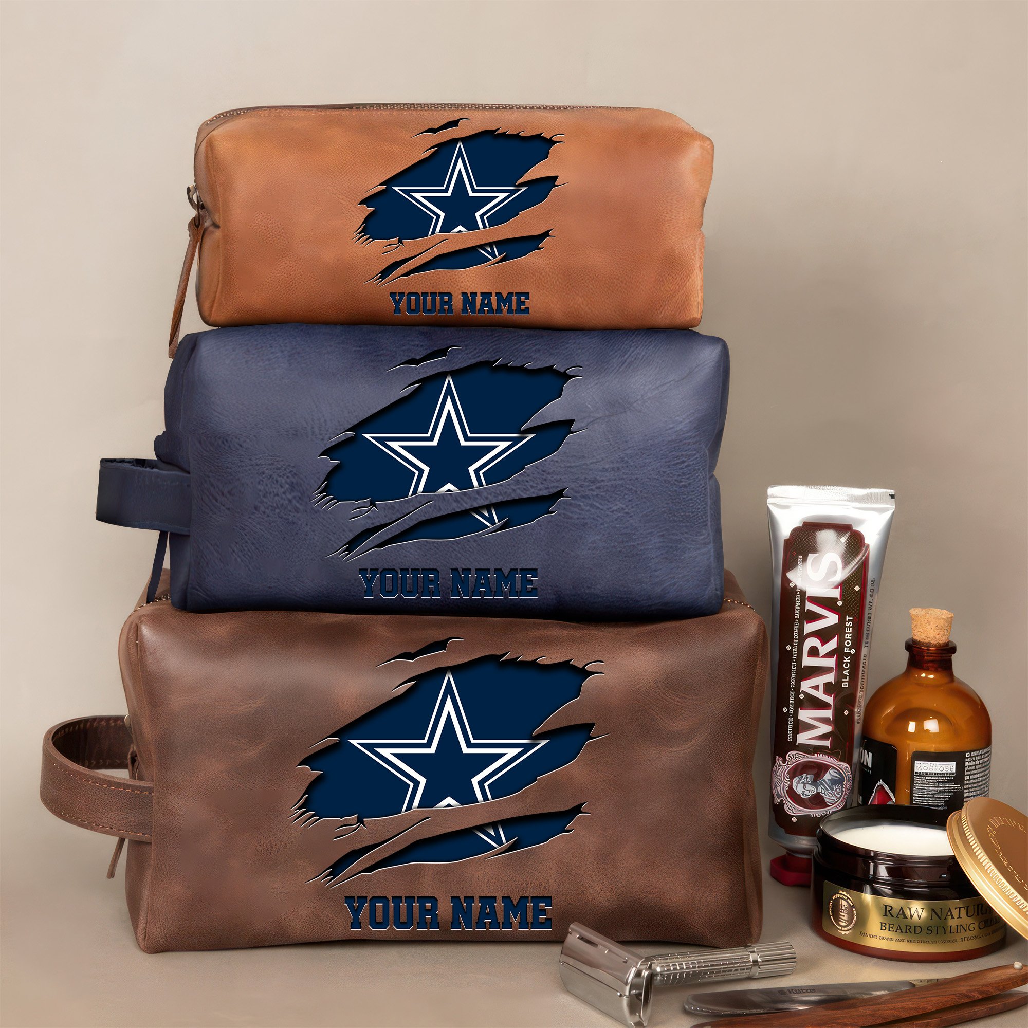 Dallas Cowboys Leather Toiletry Bag For Men Custom Your Name 2024 Versions, 2D In Leather Dopp Kit Bag, Football Fan Gifts EHIVM-59100