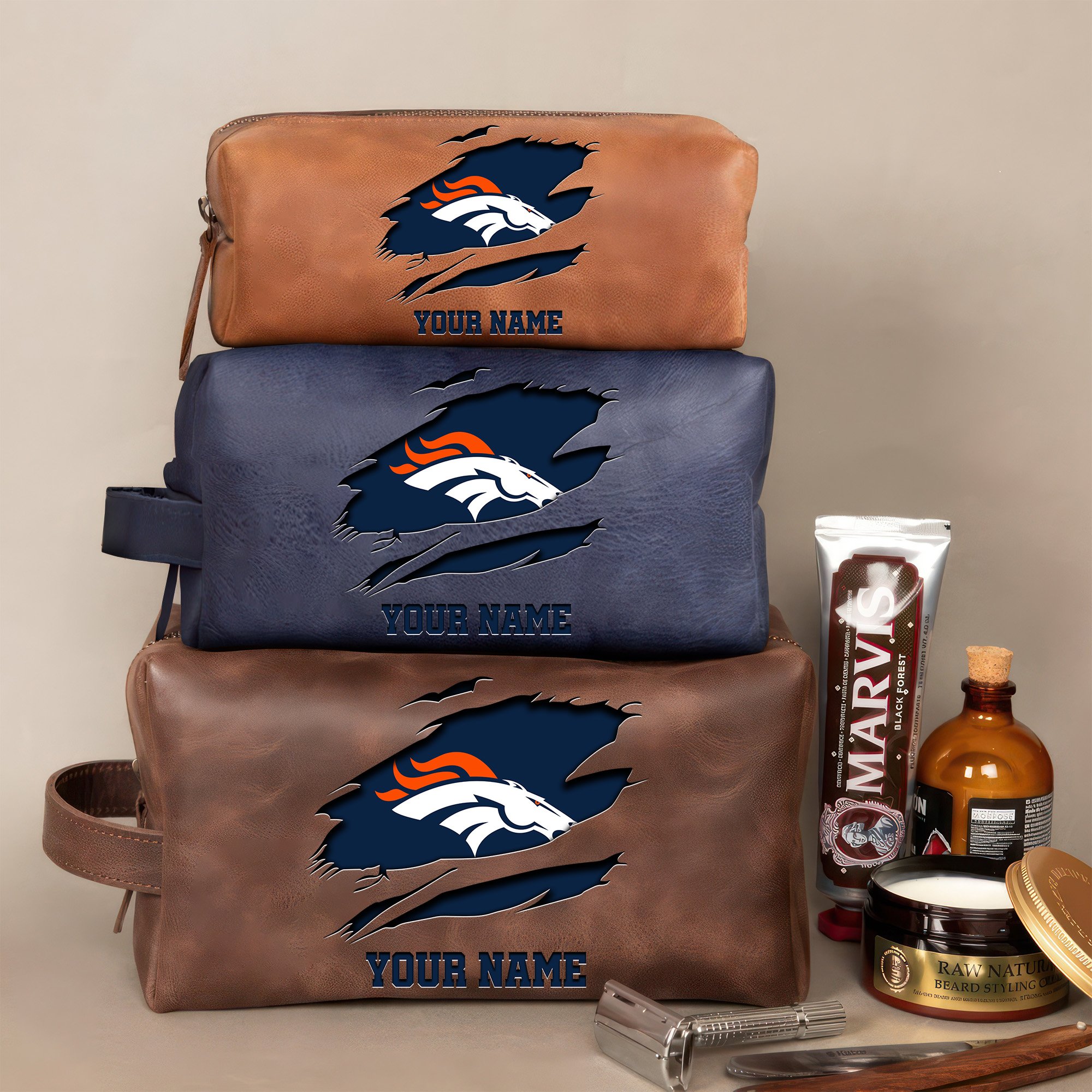 Denver Broncos Leather Toiletry Bag For Men Custom Your Name 2024 Versions, 2D In Leather Dopp Kit Bag, Football Fan Gifts EHIVM-59100