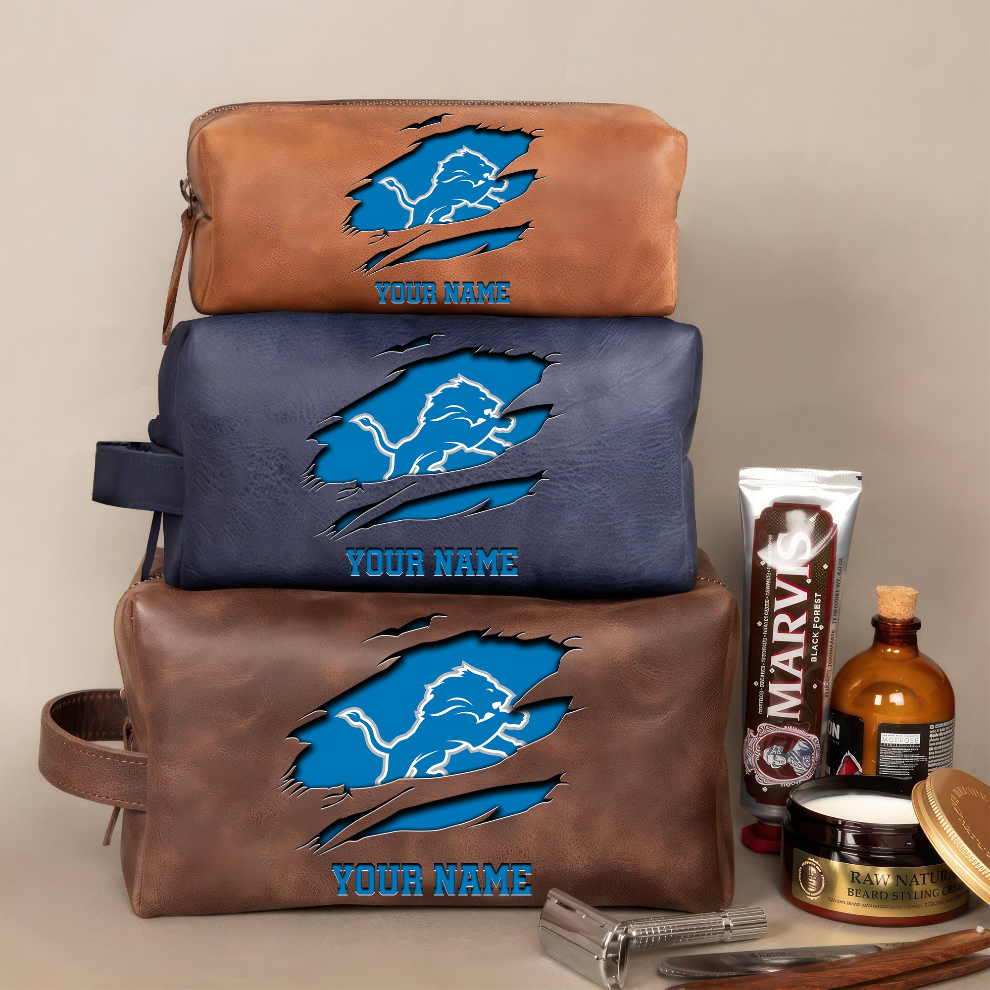 Detroit Lions Leather Toiletry Bag For Men Custom Your Name 2024 Versions, 2D In Leather Dopp Kit Bag, Football Fan Gifts EHIVM-59100