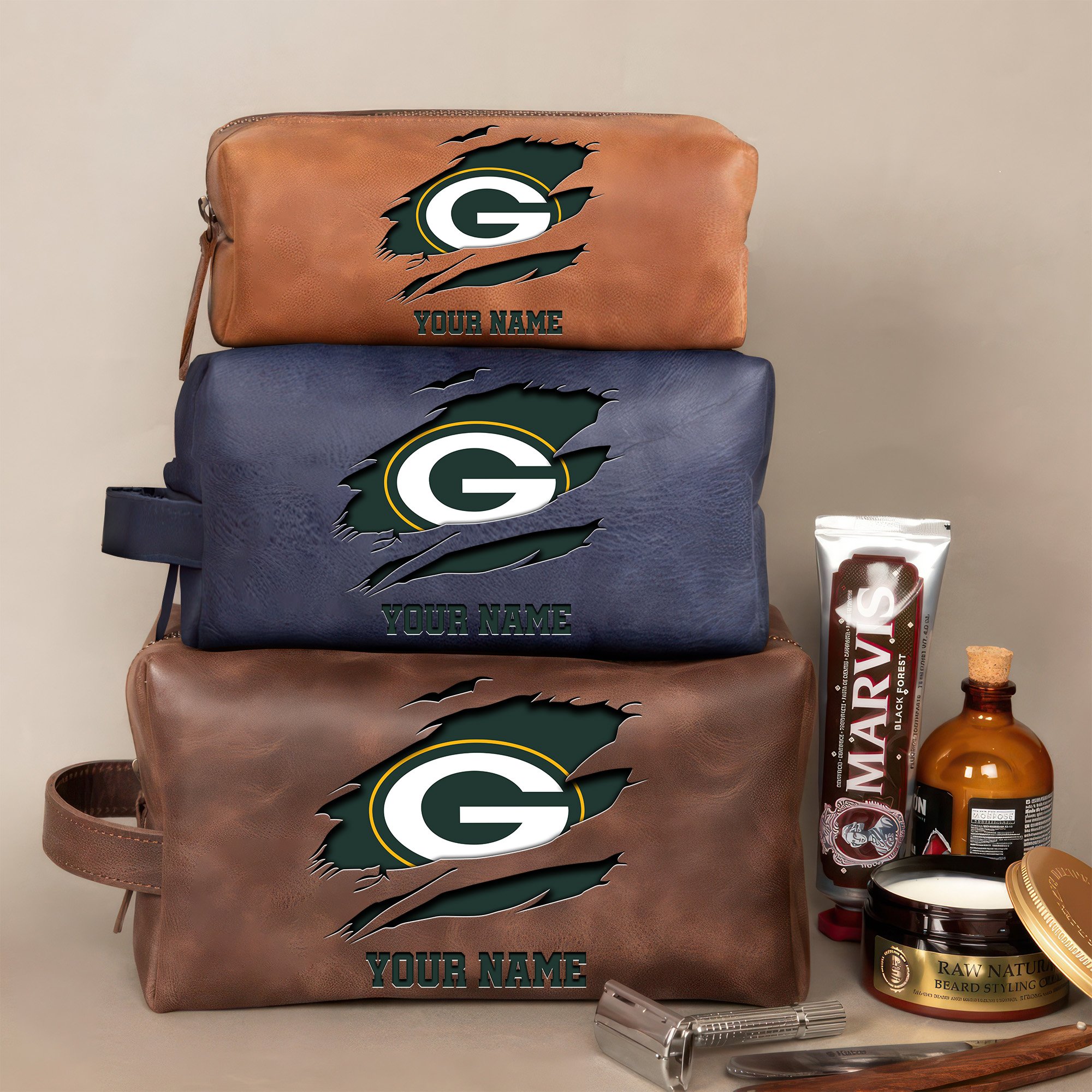 Green Bay Packers Leather Toiletry Bag For Men Custom Your Name 2024 Versions, 2D In Leather Dopp Kit Bag, Football Fan Gifts EHIVM-59100