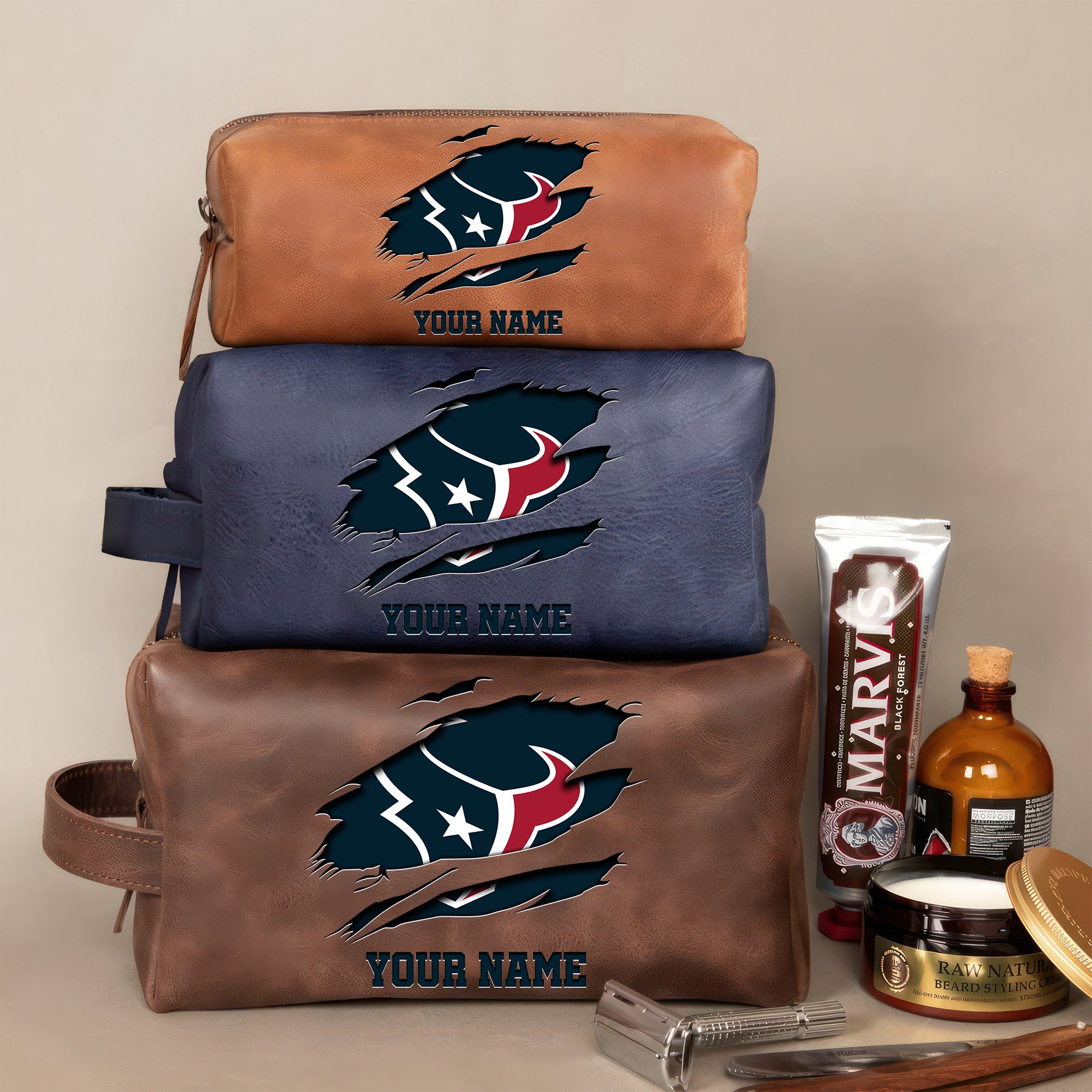 Houston Texans Leather Toiletry Bag For Men Custom Your Name 2024 Versions, 2D In Leather Dopp Kit Bag, Football Fan Gifts EHIVM-59100