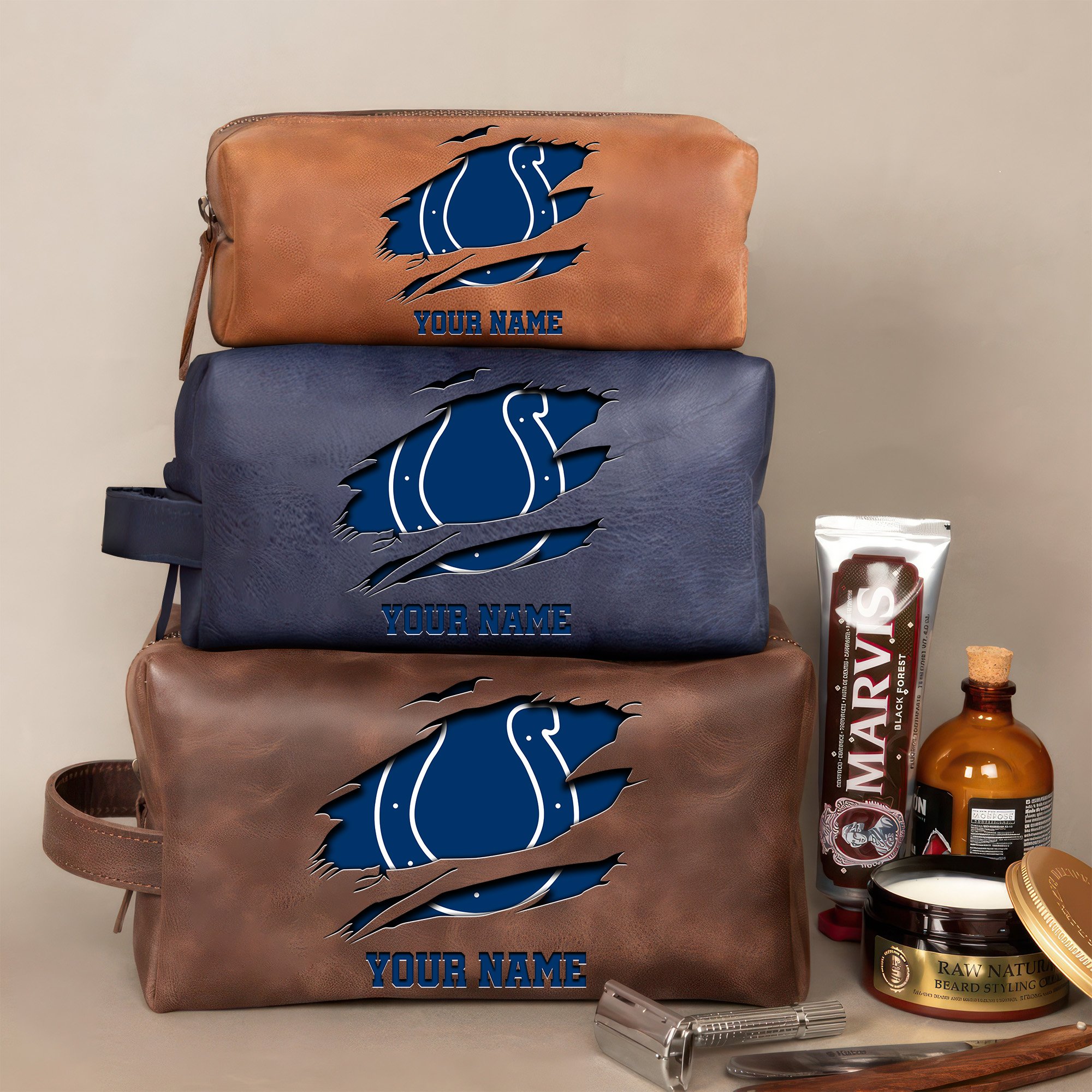 Indianapolis Colts Leather Toiletry Bag For Men Custom Your Name 2024 Versions, 2D In Leather Dopp Kit Bag, Football Fan Gifts EHIVM-59100