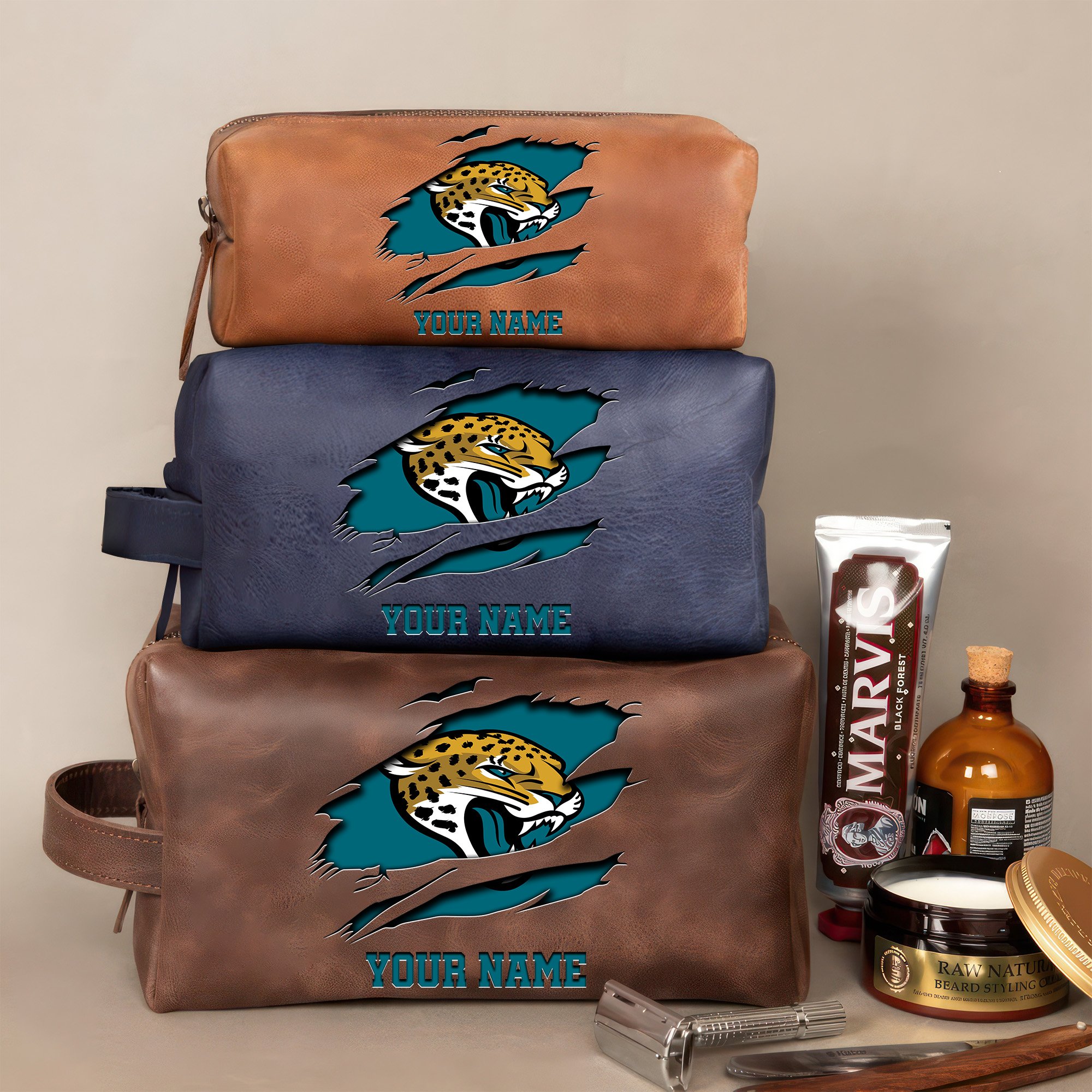 Jacksonville Jaguars Leather Toiletry Bag For Men Custom Your Name 2024 Versions, 2D In Leather Dopp Kit Bag, Football Fan Gifts EHIVM-59100