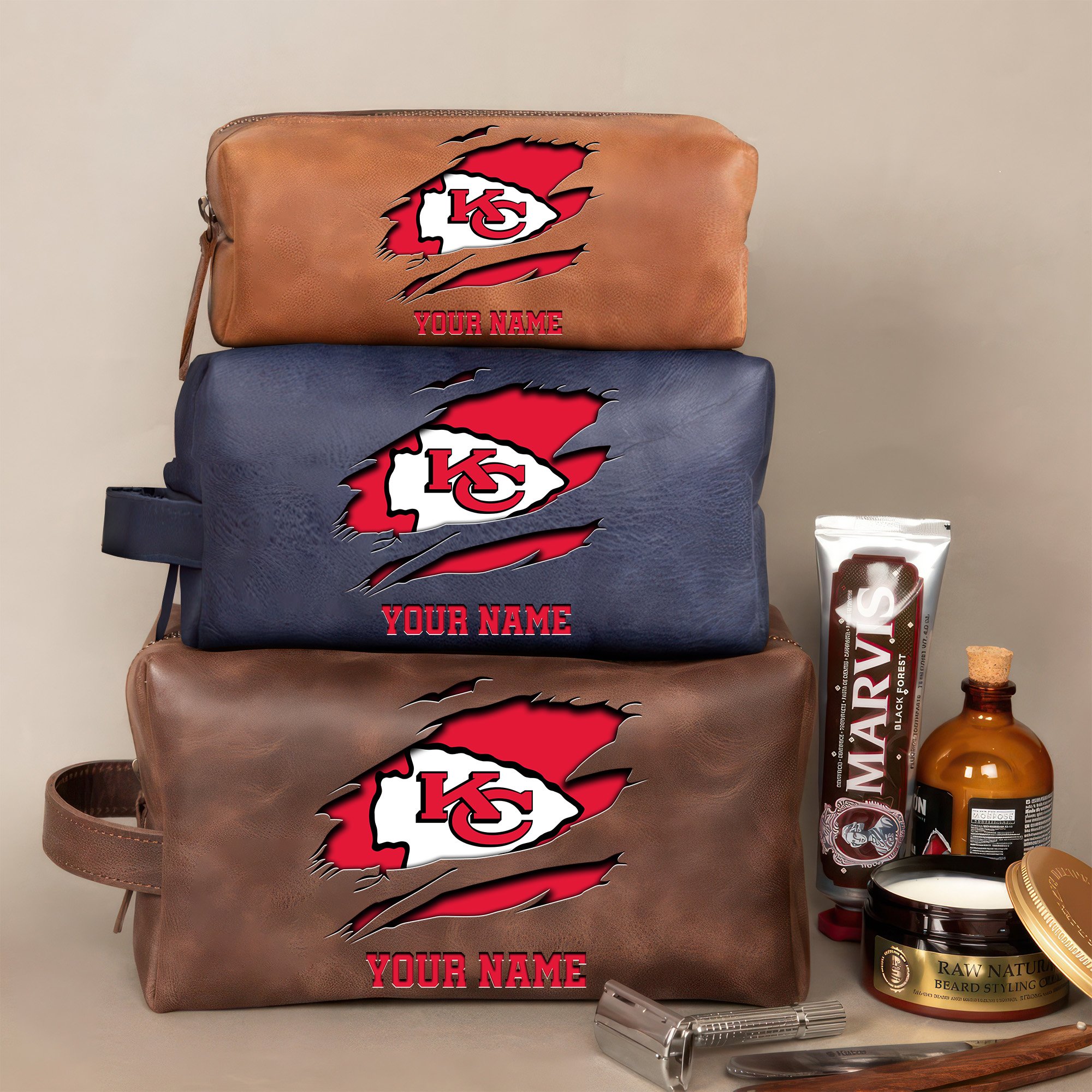 Kansas City Chiefs Leather Toiletry Bag For Men Custom Your Name 2024 Versions, 2D In Leather Dopp Kit Bag, Football Fan Gifts EHIVM-59100