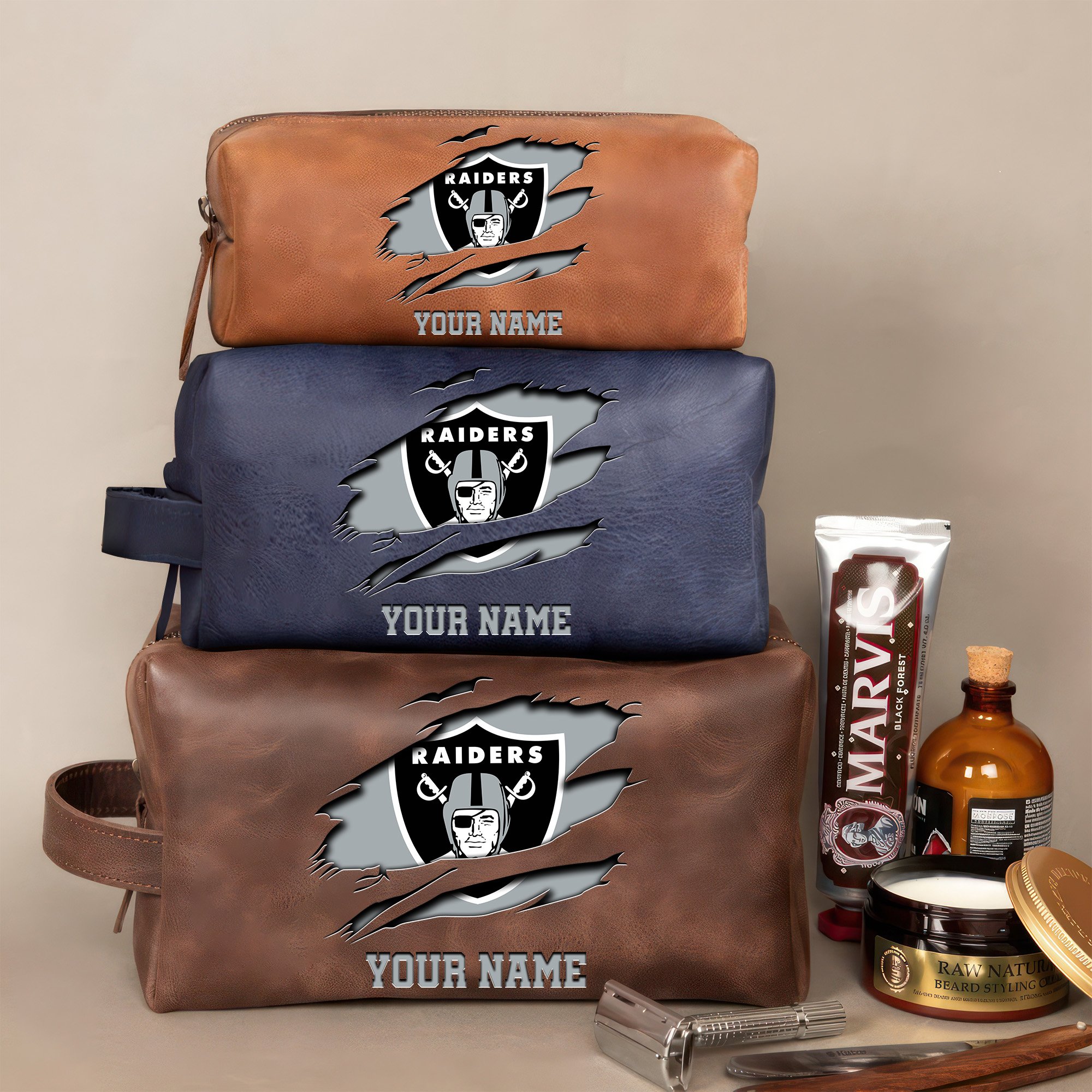 Las Vegas Raiders Leather Toiletry Bag For Men Custom Your Name 2024 Versions, 2D In Leather Dopp Kit Bag, Football Fan Gifts EHIVM-59100