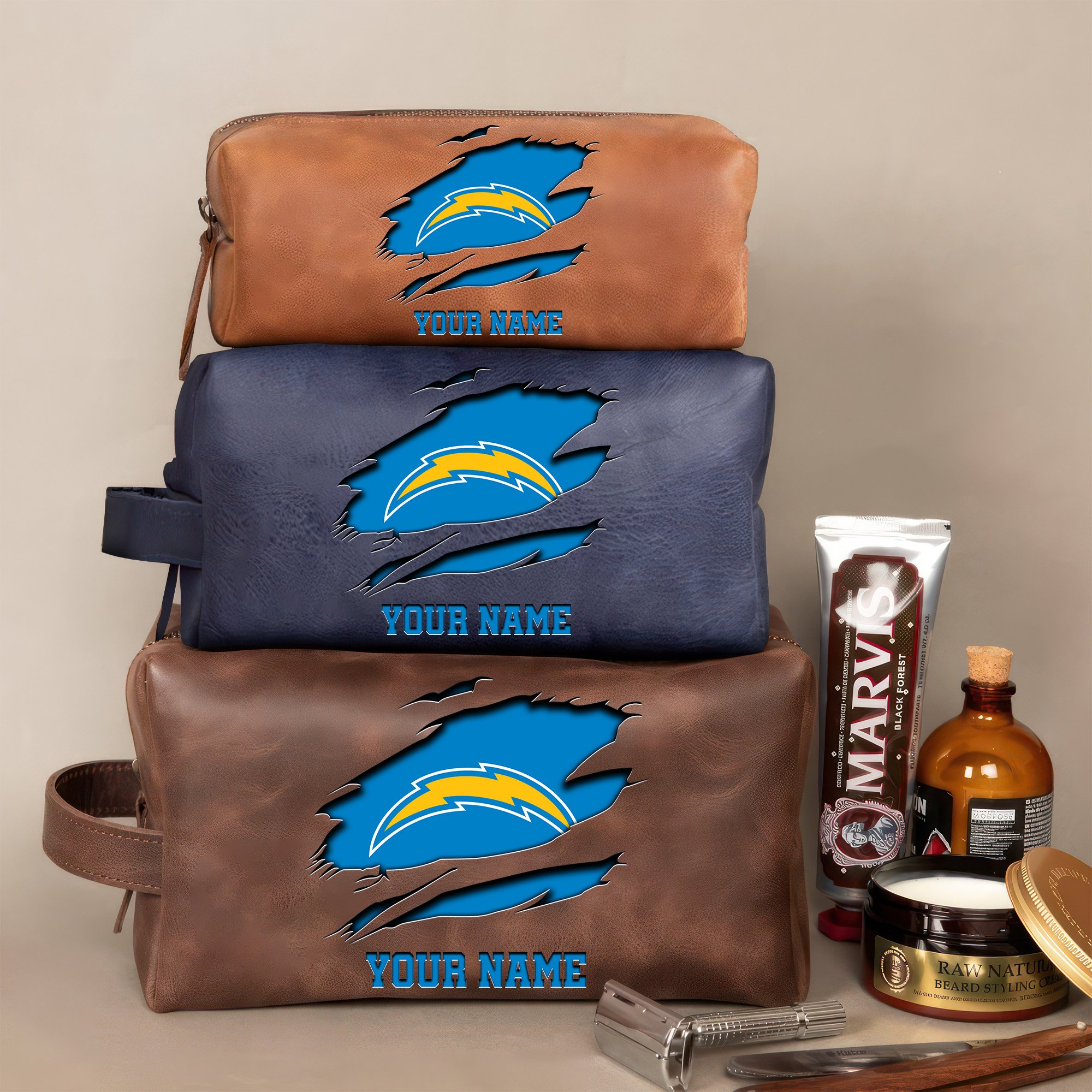 Los Angeles Chargers Leather Toiletry Bag For Men Custom Your Name 2024 Versions, 2D In Leather Dopp Kit Bag, Football Fan Gifts EHIVM-59100