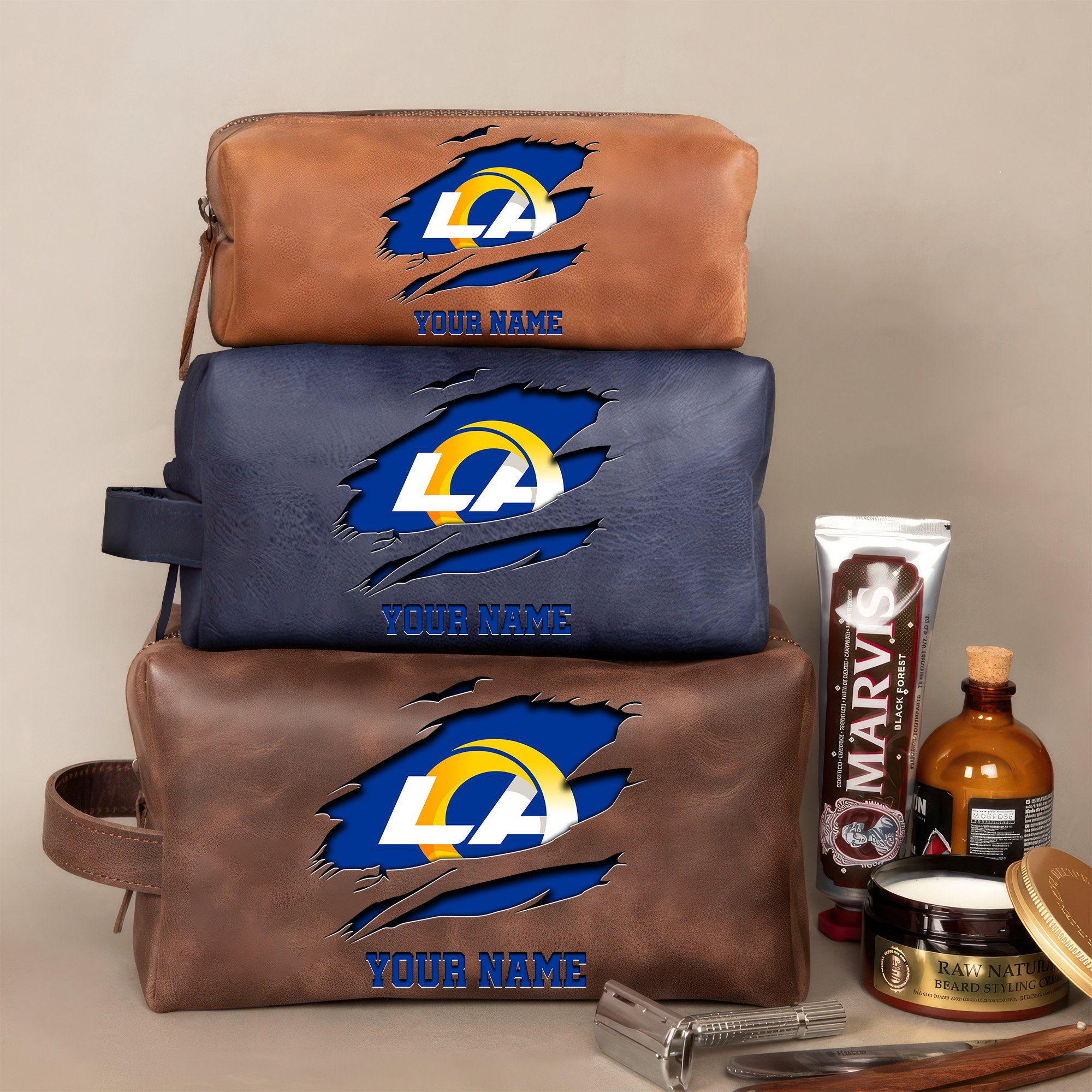 Los Angeles Rams Leather Toiletry Bag For Men Custom Your Name 2024 Versions, 2D In Leather Dopp Kit Bag, Football Fan Gifts EHIVM-59100